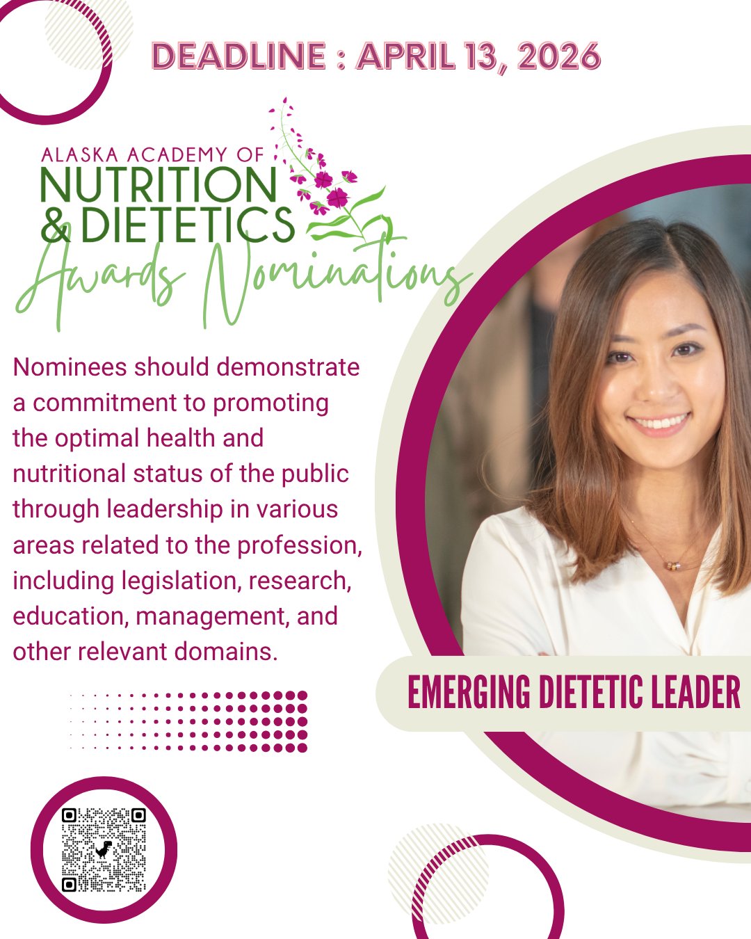 The Emerging Dietetics Leader Award recognizes the competence and activities of members, regardless of their age, who are at the beginning of their dietetics careers. Members who receive this honor support the promotion of optimal health and nutritional status of the public through demonstrating leadership in legislation, research, education, management and other areas related to the profession.
Nominate yourself or your peers today at the link in bio!