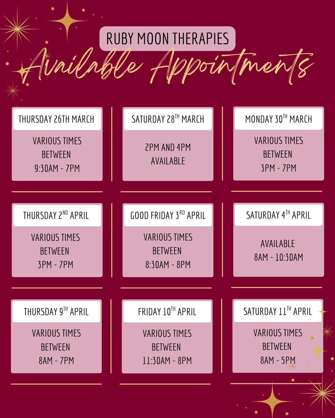 We've got quite a few appointments with our lovely ladies available over the next couple of weeks so if you're fancying a Spring reset now is the time to book in !
There are multiple appointments on each of these days so head over to Booksy (link in our bio) or pop us a message if you're unsure on what to book!
#horleymassage #horleyfacial #horleybeauty #horleysalon #horleybeautysalon #horleysurrey #horley #horleymums #horleysurrey #rubymoontherapies