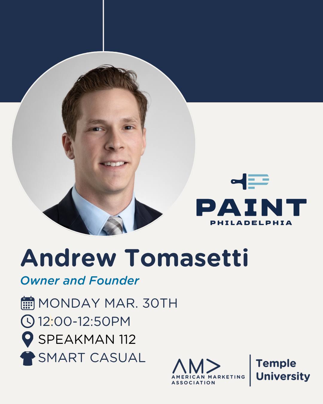 📢 Happening Today!
Join us as we welcome Andrew Tomasetti!
Andrew will share his journey as an entrepreneur and founder of PAINT Philadelphia, offering insights on leadership, discipline, and building something meaningful from the ground up.
Don’t miss this opportunity to learn from his real-world experience and gain valuable perspective.
See you there! 💼✨