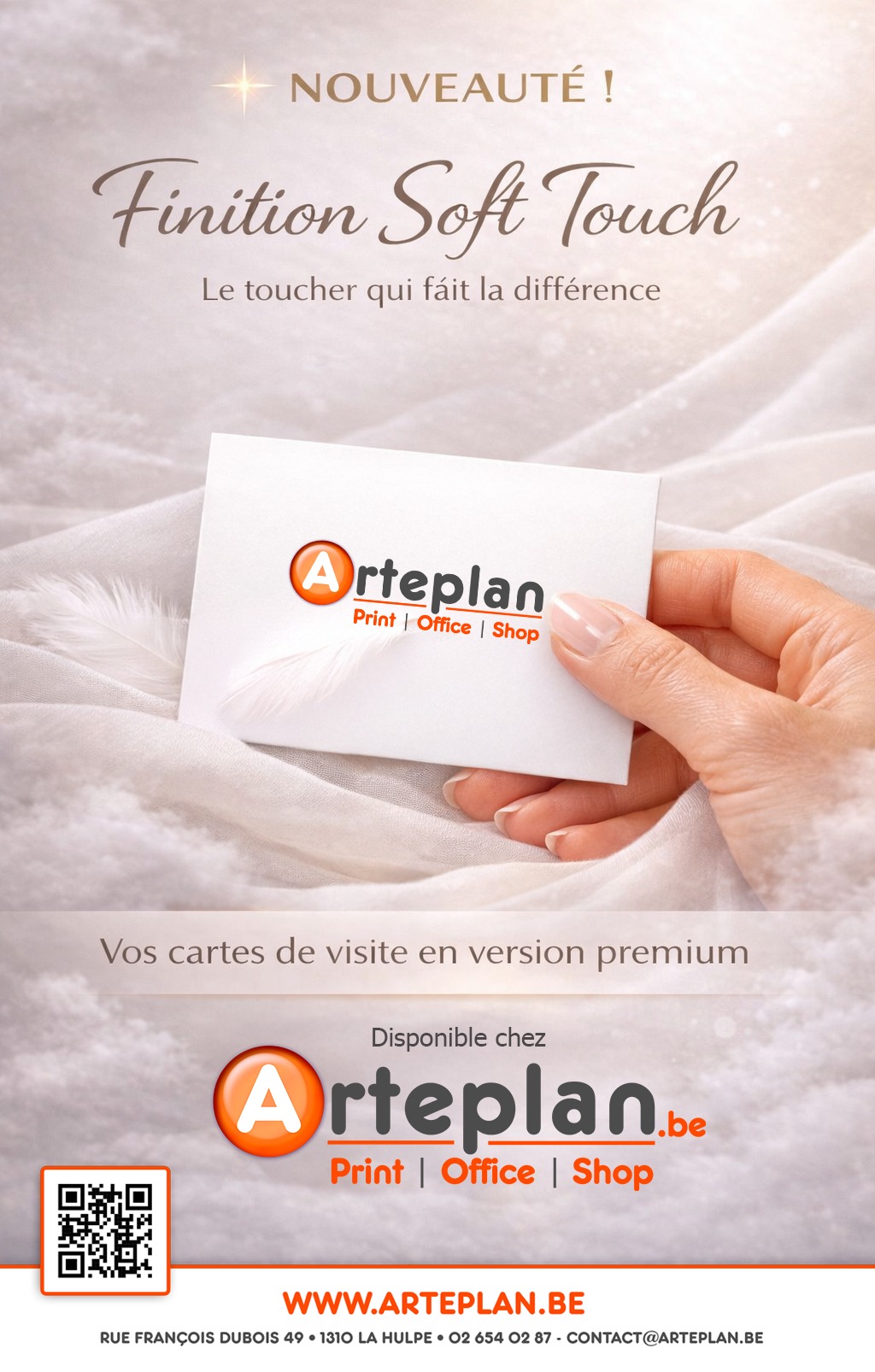 ✨ Nouvelle finition disponible chez Arteplan ! ✨
Donnez une touche élégante et sophistiquée à vos cartes de visite avec notre lamination Soft Touch : douce au toucher, hautement qualitative et parfaite pour mettre vos coordonnées en valeur.
🕒 Délai rapide pour que vous puissiez recevoir vos cartes de visite personnalisées sans attendre !
Venez découvrir cette finition premium en magasin — une manière simple et élégante de faire forte impression. 👌
Arteplan Office Print Shop
📍 Rue F. Dubois 49, 1310 La Hulpe, Belgique
📞 +32 2 654 02 87
✉️ contact@arteplan.be
🌐 www.arteplan.be
#Arteplan #LaHulpe #CarteDeVisite #SoftTouch #Impression #QualitéPremium #Papeterie #BusinessCards #IdentitéVisuelle #Communication #DélaiRapide #ImpressionDeQualité #CarteProfessionnelle