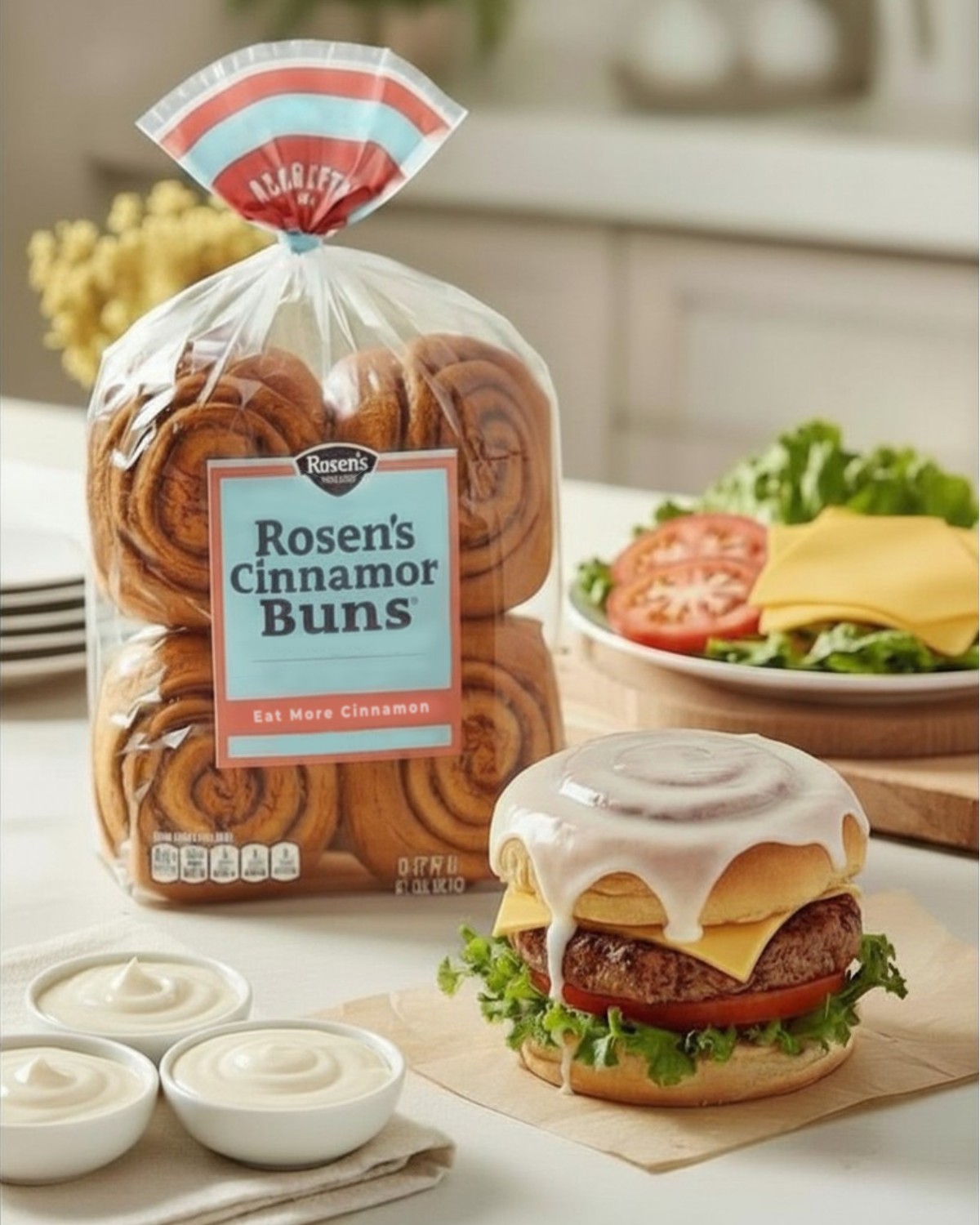 🌀➡️🍔 Eat more cinnamon.
Introducing the ultimate burger upgrade: Rosen’s Cinnamor Buns. Our classic soft, spicy buns… infusing our signature goo into your burger. The sweetest way to meat savory!
#AprilFools