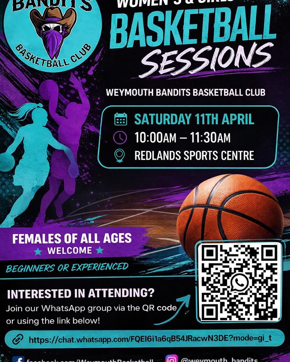 Are you a female interested in basketball? 🏀
We’re excited to launch our very first Women’s & Girls’ session at Weymouth Bandits Basketball Club!
Whether you’re completely new, returning after some time away, or already playing, this session is designed to be relaxed, fun, and welcoming. It’s a great opportunity to get active, meet new people, and enjoy the game in a supportive environment.
We especially want to create a space where:
• New players can try basketball with no pressure
• Former players can rediscover their love for the game
• Women can connect, socialise, and stay active
• Young girls can build confidence and skills
This is just the beginning for us, and we’re looking to grow a strong, inclusive female basketball community.
Come along, bring a friend, and be part of something from the start 💜
Join our WhatsApp group for details and updates via the link or QR code on the poster!