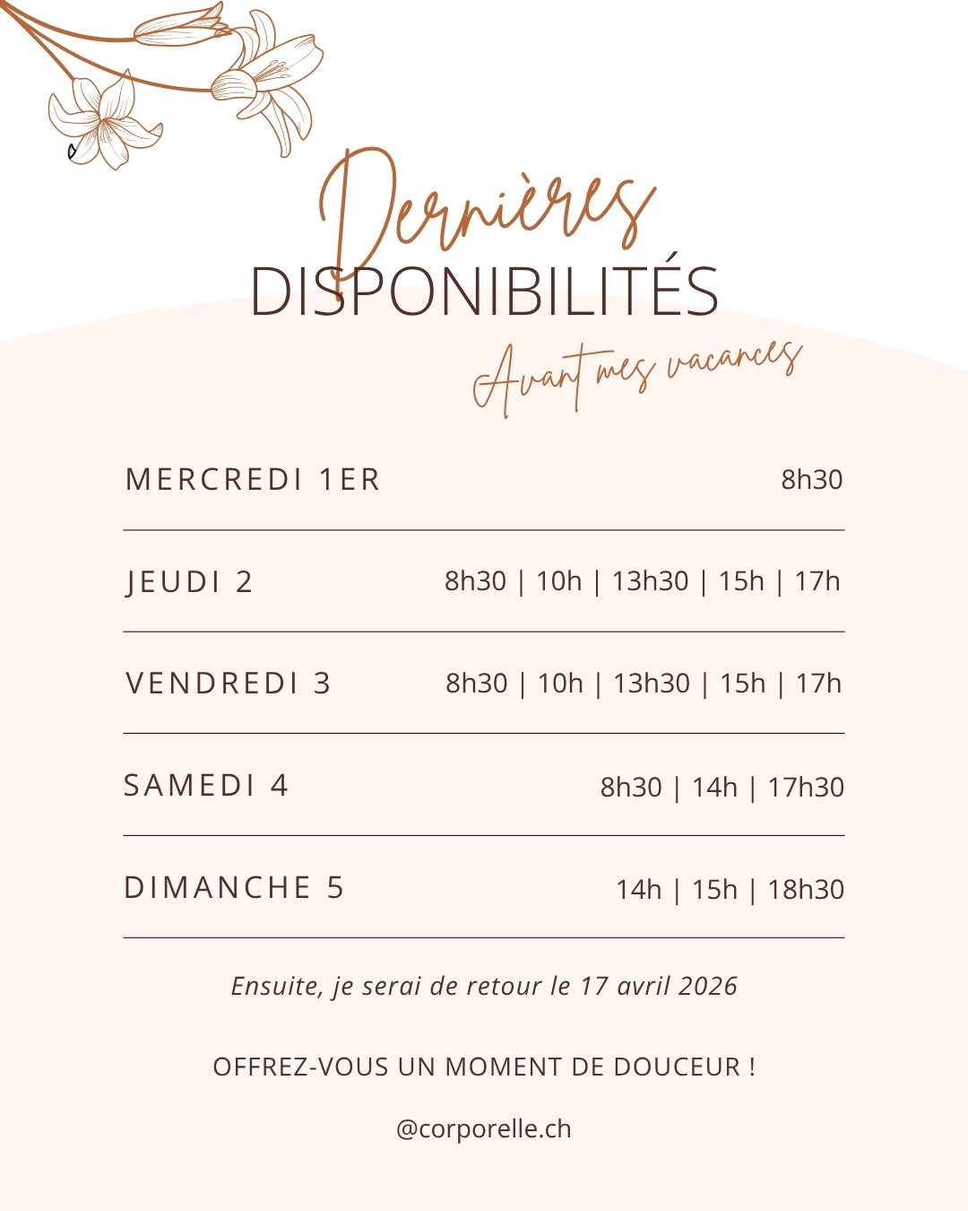 🌿🐣Disponibilités avant mes vacances de Pâques 🐣🌿
Le cabinet est encore ouvert cette semaine et aussi pendant le week-end de Pâques, exceptionnellement dimanche après-midi également. Vacances du lundi 6 au vendredi 16 avril 2026.
N’hésitez pas à réserver votre soin dès maintenant. Au plaisir de vous accueillir !
Brigitte Borloz
🌿Je me réjouis de vous rencontrer
📍 Cabinet Corporelle.ch – Brigitte Borloz – Hameau de la Gare - Les Diablerets
🌐 Réservation en ligne : www.corporelle.ch/reservations
📱 Pour me joindre : +41 77 481 02 85 ou email : info@corporelle.ch
Thérapeute agréée ASCA et RME (selon les soins)
ARCAD Les Diablerets
Les Diablerets - Switzerland
#bienetre #corporellech #soinnaturel #soinholistique #relaxation #retourasoi #momentpoursoi #detentemaximale #harmonieinterieure #zenattitude #bienetrelesdiablerets #santéetbienetre