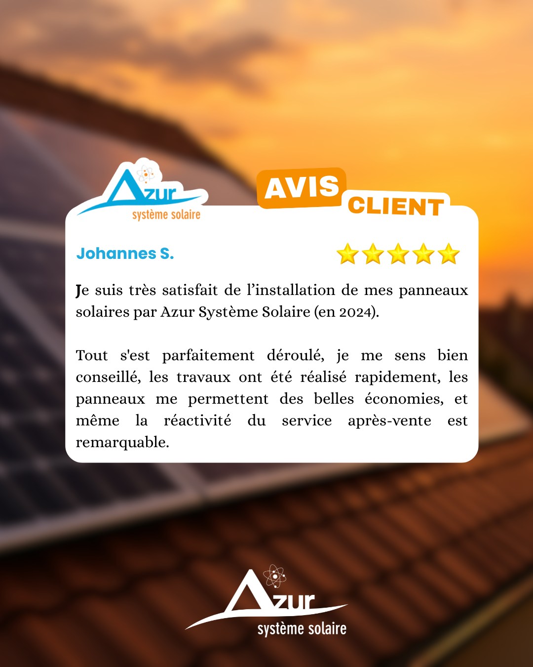 L'installation c'est bien, le suivi c'est mieux!
On dit souvent qu'on reconnait la qualité d'une entreprise à sa gestion des imprévus. Merci à Johannes S. d'avoir souligné la réactivité de notre SAV ! 🙏
Chez Azur Système Solaire, notre mission ne s'arrête pas à la pose du dernier panneau.
✅ Conseils en amont
✅ Installation rapide
✅ Économies réelles constatées
✅ Et surtout : On reste présents pour vous.
Ne choisissez pas seulement des panneaux, choisissez une équipe sur qui compter pour les 20 prochaines années.
👉 Un projet ? On vous accompagne de A à Z. Lien en bio.
