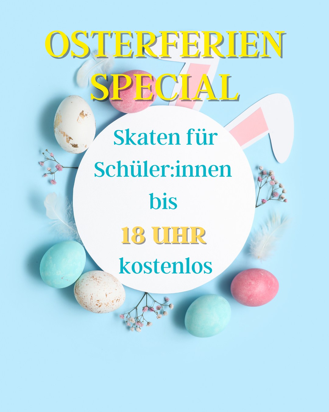 Ferienzeit heißt für Schüler:innen bei uns Skaten bis 18:oo h für umme (nur Skater:innen)
Zeigt einfach an der Theke euren Ausweis und los geht's!
Angebot gilt nur in den Osterferien vom 30.03. - 10.04.26.
Preise KulturFrühling
3 € | Tageskarte
2 € | Ermäßigt
(Azubis, Studis & Schüler:innen - Nachweis!)
1 € | Mitglieder (Nur registrierte)