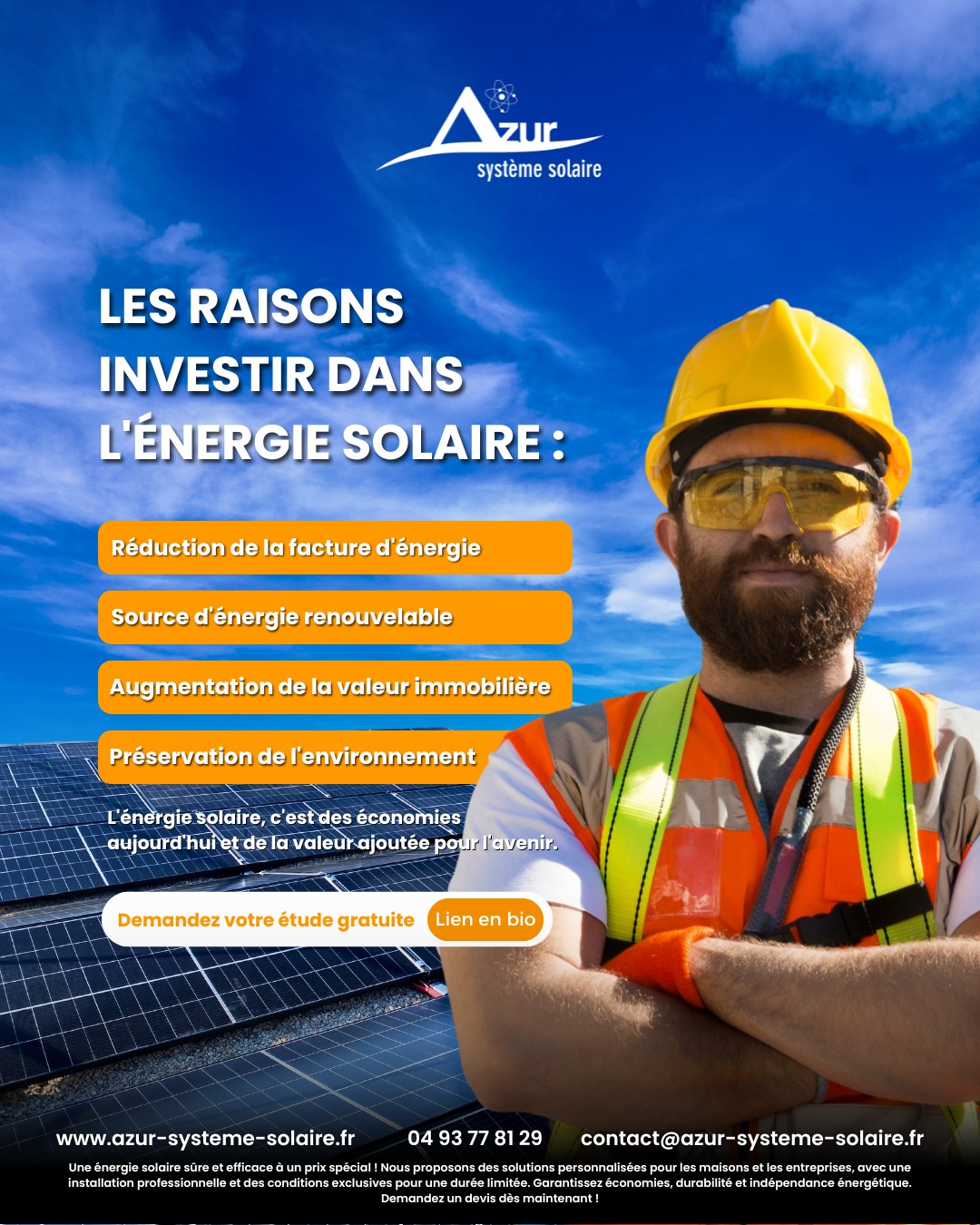 Pourquoi attendre pour faire des économies ?
Le solaire, ce n'est pas seulement un geste pour la planète, c'est avant tout un calcul mathématique gagnant.
1️⃣ Factures réduites : Bloquez la hausse des prix de l'électricité.
2️⃣ Patrimoine valorisé : Votre maison vaut plus cher avec une classe énergétique (DPE) améliorée.
3️⃣ Indépendance : Produisez votre propre énergie verte et locale.
4️⃣ Écologie : Réduisez votre empreinte carbone sans perdre en confort.
💡 Le meilleur moment pour planter un arbre, c'était il y a 20 ans. Le deuxième meilleur moment, c'est aujourd'hui. Pareil pour le solaire !
👉 Demandez votre étude chiffrée (gratuite) via le lien en bio.
#EnergieSolaire #Photovoltaique #InvestissementImmo #EconomiesEnergie #MaMaison #RenovationEnergetique #PACA #Nice06 #Antibes #AzurSystemeSolaire