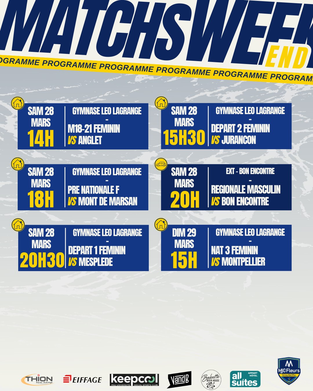 🌸 Programme du week-end 🌸
🔵 Samedi 28 mars, Gymnase Léo Lagrange :
4 matchs à domicile vont se suivre ! Venez nombreux supporter l'une des 4 équipes féminines !
🚗 Samedi mars extérieur ;
La régionale G sera en déplacement à Bon Encontre
🚗Dimanche mars ;
La nationale 3 reçoit Montpellier
📸 @sowaho0
🙌 Partenaires ;
Thion Equip'Elevage / @keepcoolpau / @vandbpau /
@all_suites /@babettebeerhouse