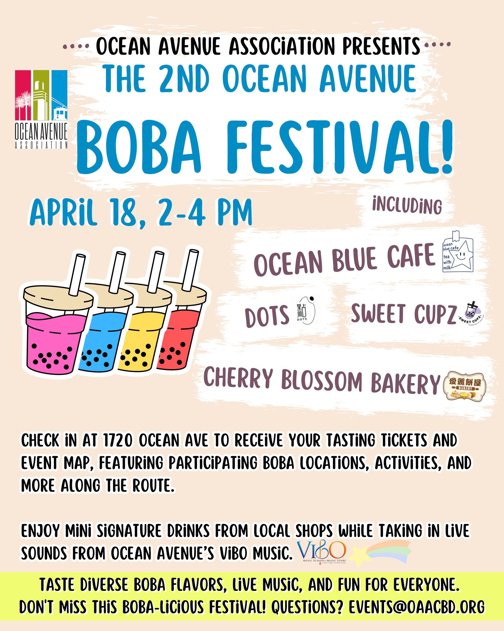 Boba, music, and community vibes 🧋🎶 Join us Saturday, April 18, from 2–4 PM for the Ocean Avenue Boba Festival, a walkable tasting experience bringing the community together along the corridor. Check in at 1720 Ocean Ave to pick up your tasting tickets and event map, then explore each stop at your own pace.
Our boba lineup is officially set, featuring Dots Boba, Sweet Cupz, Blue Ocean Cafe, and Cherry Blossom Bakery, each serving mini signature drinks along the route. We’re also excited to welcome ViBO Music School, which will be playing live acoustic sets throughout the event, adding to the atmosphere along Ocean Avenue. Expect good drinks, music, and a few extra goodies and surprises along the way ✨
Get your tickets now through the link in our bio. Questions? events@oaacbd.org.
#ingleside #oceanavesf #communityevent #oceanbluecafe #oceanave @sweetcupzsf @dots_boba @cherryblossombakerysf @vibomusicschool