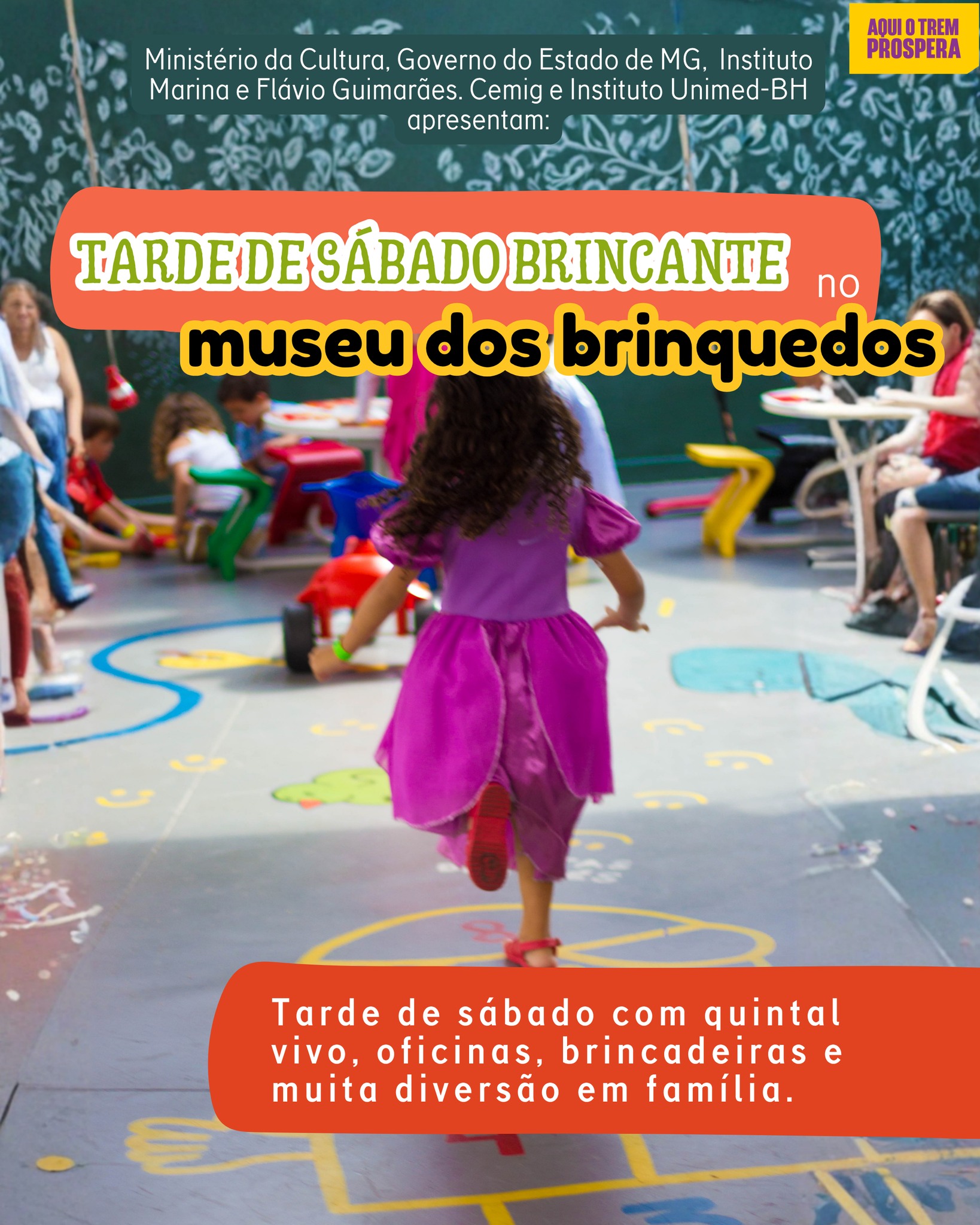 A manhã com Menina Nuvem foi linda… e o sábado continua no Museu dos Brinquedos. 💛
Hoje à tarde tem Sábado Brincante, das 14h às 17h, com meia-entrada para todos.
Oficina de brinquedos com materiais recicláveis, visita à exposição, teatrinho de marionete com a Vovó Luiza, brincadeiras no quintal, cantinho de fantasias e cantinho da leitura. 🎎🌿
Traga as crianças, chame a família e venha aproveitar a tarde brincando no MuBrinc!
TARDE DE SÁBADO BRINCANTE NO MUBRINC
DATA: 28 de março (sábado)
HORÁRIO: das 14h às 17h
ATIVIDADES: brincadeiras no pátio, oficina com recicláveis, camarim de fantasias, cantinho da leitura, exposição de brinquedos e teatrinho de marionete com a Vovó Luiza.
INGRESSO: R$40 (inteira) | R$20 (meia-entrada) - Promoção: todos pagam meia nesses sábados!
VENDA: bilheteria do Museu (sujeito à lotação)
ACESSIBILIDADE: rampas, portas alargadas e banheiros adaptados
CLASSIFICAÇÃO: livre
O Museu dos Brinquedos conta com o patrocínio da Cemig, por meio da Lei Estadual de Incentivo à Cultura de Minas Gerais, e com o apoio do Instituto Unimed-BH e do Instituto Marina e Flávio Guimarães – Grupo BMG, por meio da Lei Federal de Incentivo à Cultura, no projeto “2026 – Manutenção do Museu dos Brinquedos” (Pronac 254697); além das empresas Marcelo Guimarães Advogados e Associados e Decta Contabilidade. Realização: Governo de Minas Gerais – Aqui o TREM prospera, Ministério da Cultura e Governo Federal – União e Reconstrução.
#MuseudosBrinquedos #passeioemfamilia #brinquedosebrincadeiras #passeioembh #belohorizonte @institutounimedbh @grupobmg.oficial @institutomfg_ @circuitoliberdade @prefeiturabh @culturaeturismomg