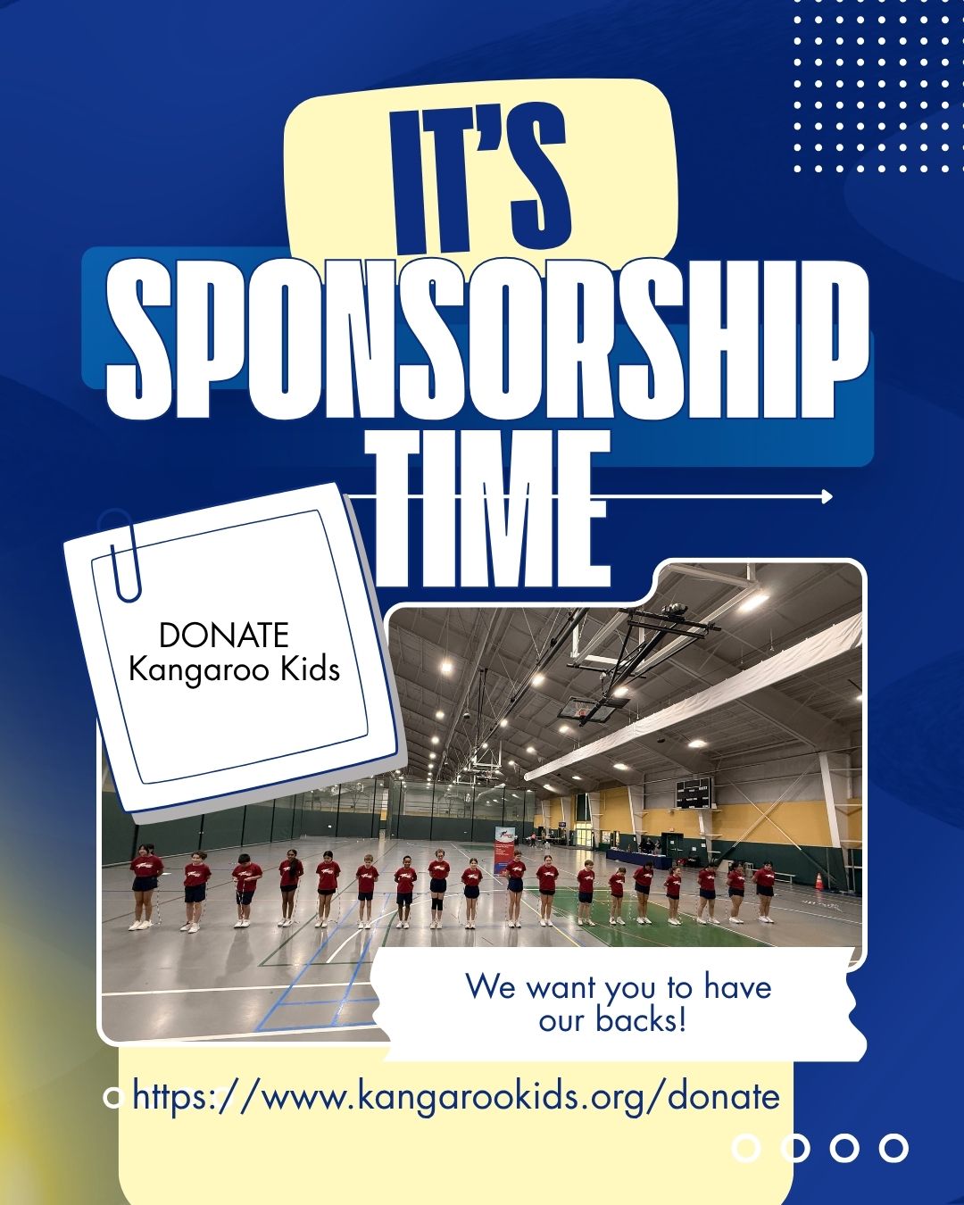 It is sponsorship time! Please consider a donation to our 501c3 Non Profit organization! https://www.kangarookids.org/donate We would LOVE YOU TO HAVE OUR BACKS! For $50 you will be listed as a FRIEND OF KANGAROO KIDS on our website and on the back of the shirts this year! We would love to be able to perform at more shows, and give away more ropes, and travel to competitions. Please consider this yearly donation, and thank you. We would LOVE OUR SHIRT FILLED WITH FRIENDS FROM EVERYWHERE!!!!! Share this post, and clcik on our link!