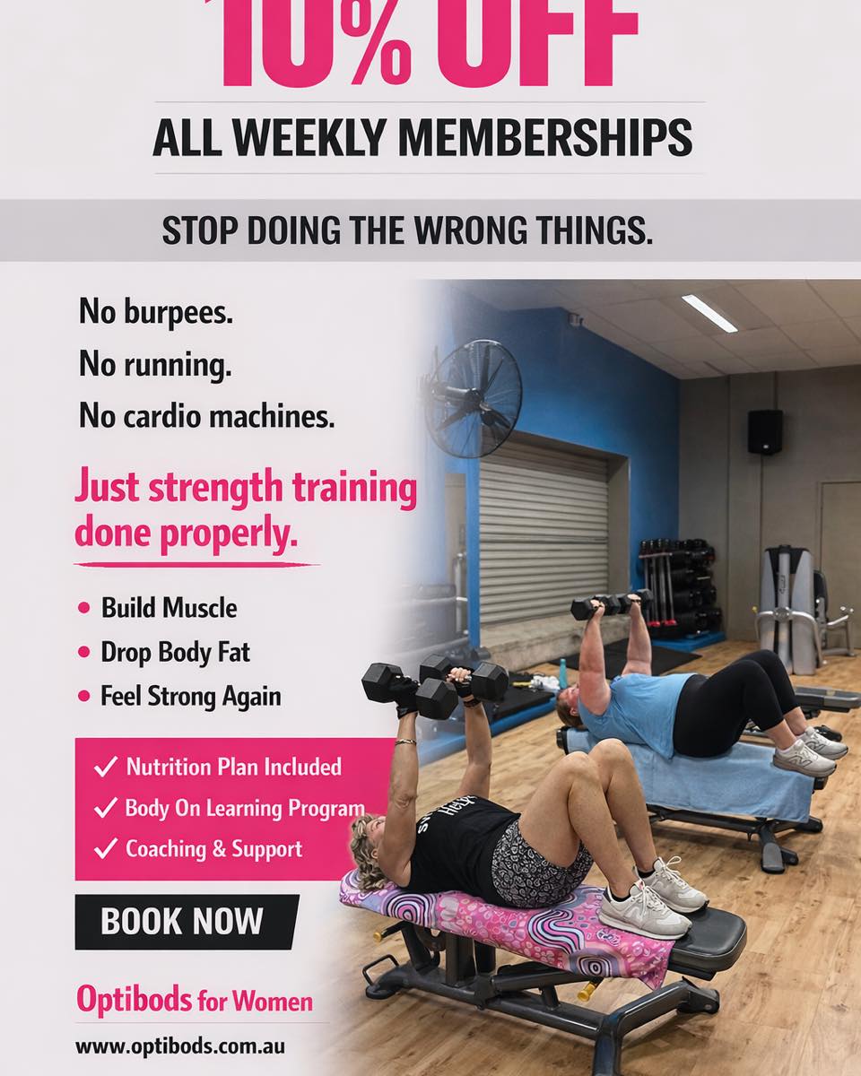 10% off all weekly prices.
Optibods.com.au
Book now 😃