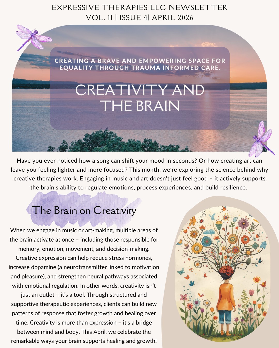 ETLLC Newsletter - Creativity and the Brain Vol. 11 | Is. 4 | April 2026
This month's newsletter helps explain how being creative effects the brain!
#creativeartstherapies #mentalhealthsupport #expressivetherapiesllc