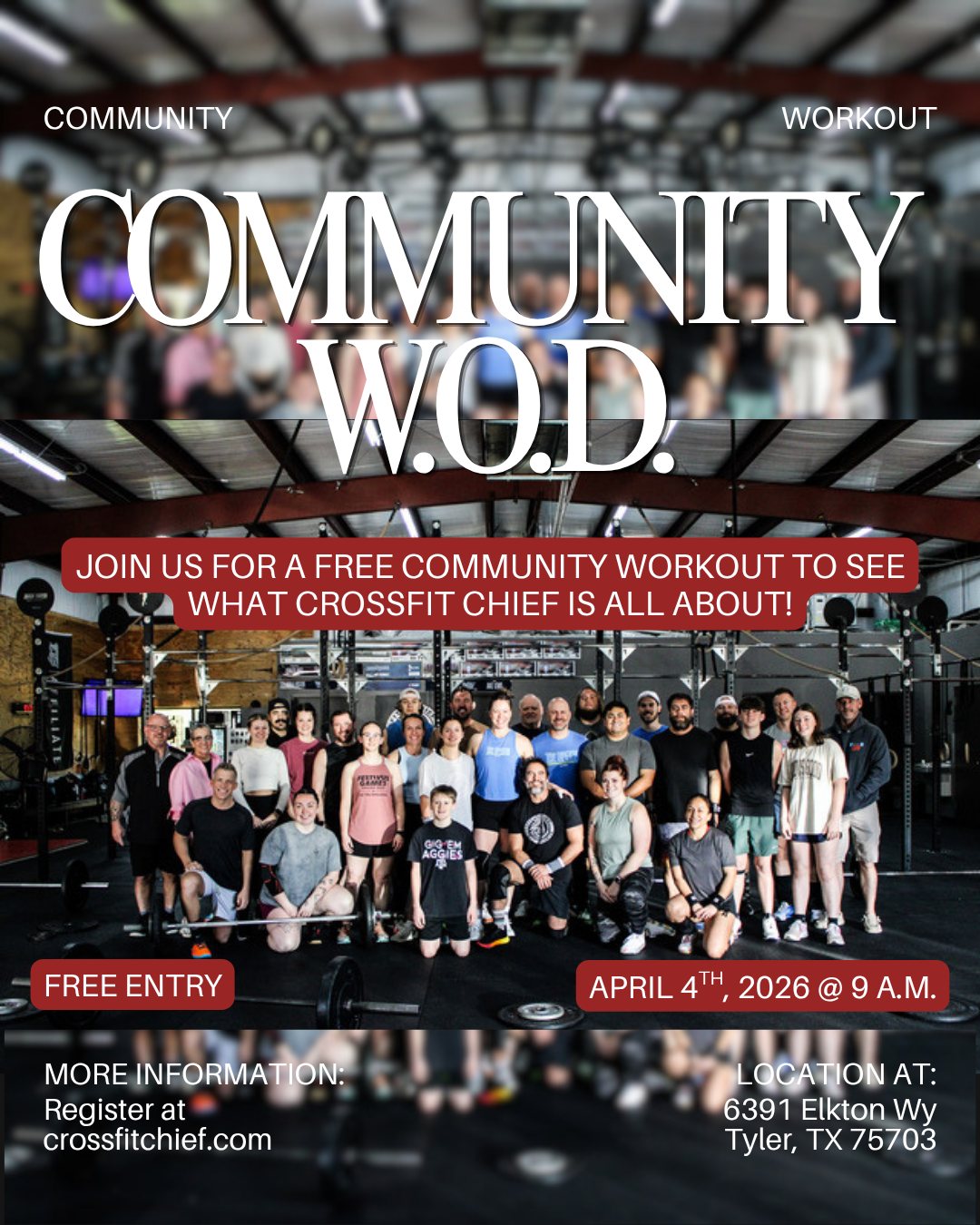 We've got a community workout this weekend at CrossFit Chief! Bring your friends, family, and anyone else- we want to see everyone at this free workout. Let's grow our CrossFit community together!
