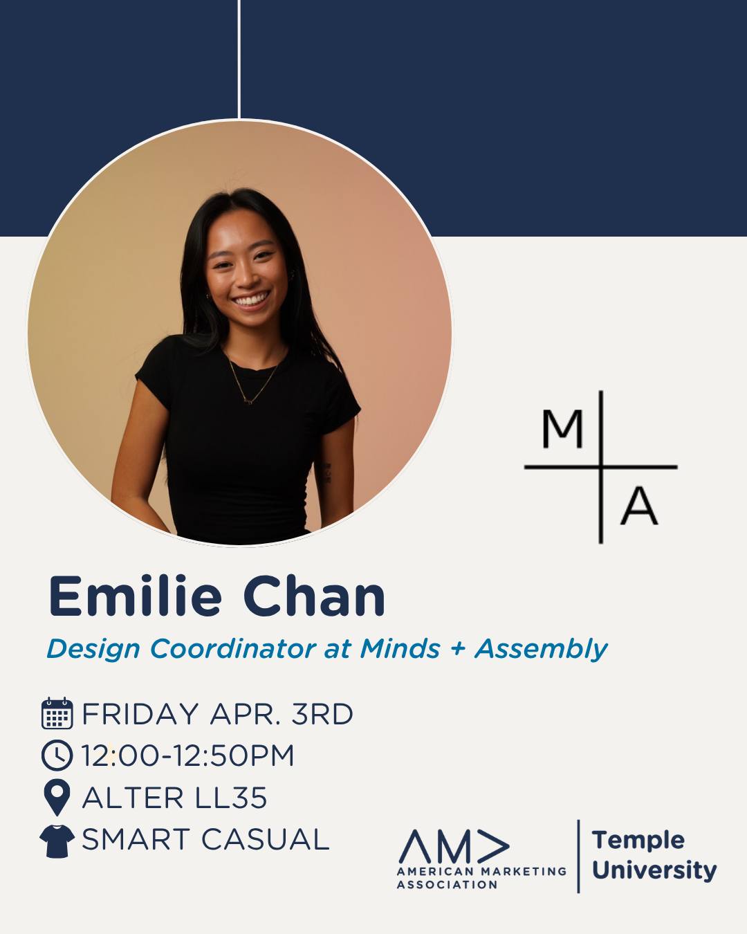 Join us as we welcome Emilie Chan this Friday, April 3rd, in Alter LL35! 🎤
Emilie Chan is a creative professional who brings together strategy, functionality, and design to craft memorable brand experiences. Come out to hear her presentation and insight into her industry 🍒
We look forward to seeing you there!
