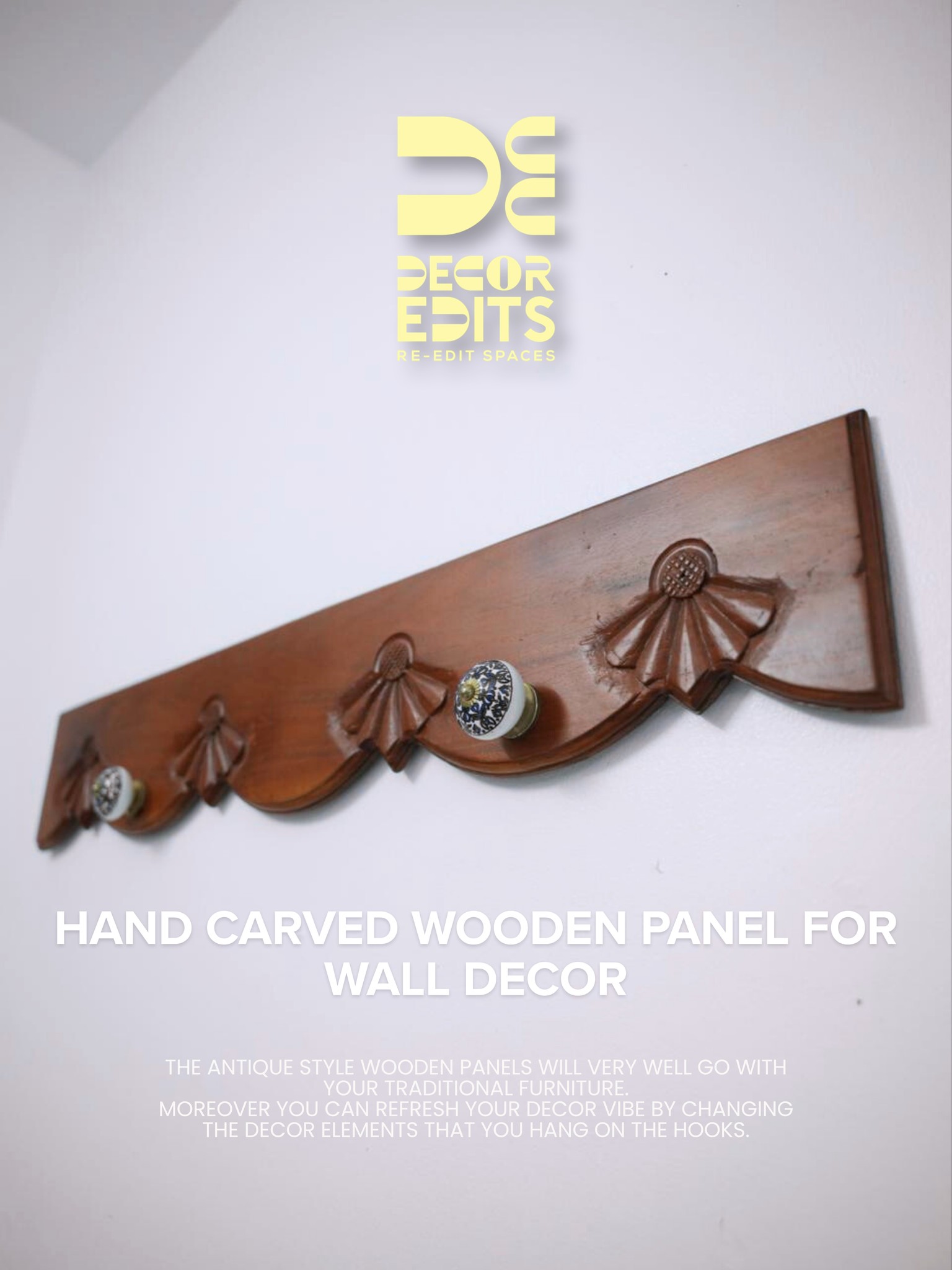 Hand carved wooden panel for wall decor
The wooden panel has got hooks on which small potted plants,diyas etc can be hung.
The antique style wooden panels will very well go with your traditional furniture.
Moreover you can refresh your decor vibe by changing the decor elements that you hang on the hooks.
(wall hanging, wall decor, wall art, home styling, antique, traditional homes)
DM us or whatsapp us at 9778758496 for further enquiries.
#DecorEdit #reclaimeddecor #HomeDecorIdeas #ecofriendlyhome #vintagestyle #woodendecor #walldecor