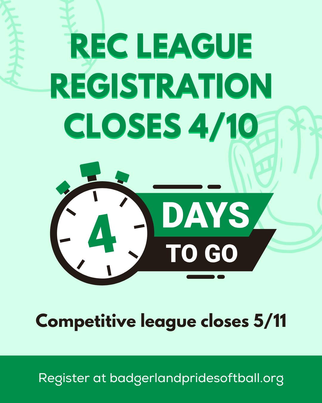 April 10th is the final day of registration for our recreational league! 🥎 This is the LAST day to guarantee you get a t-shirt! ‼️
Competitive league registration closes 5/11 🗓
Register at badgerlandpridesoftball.org 📝