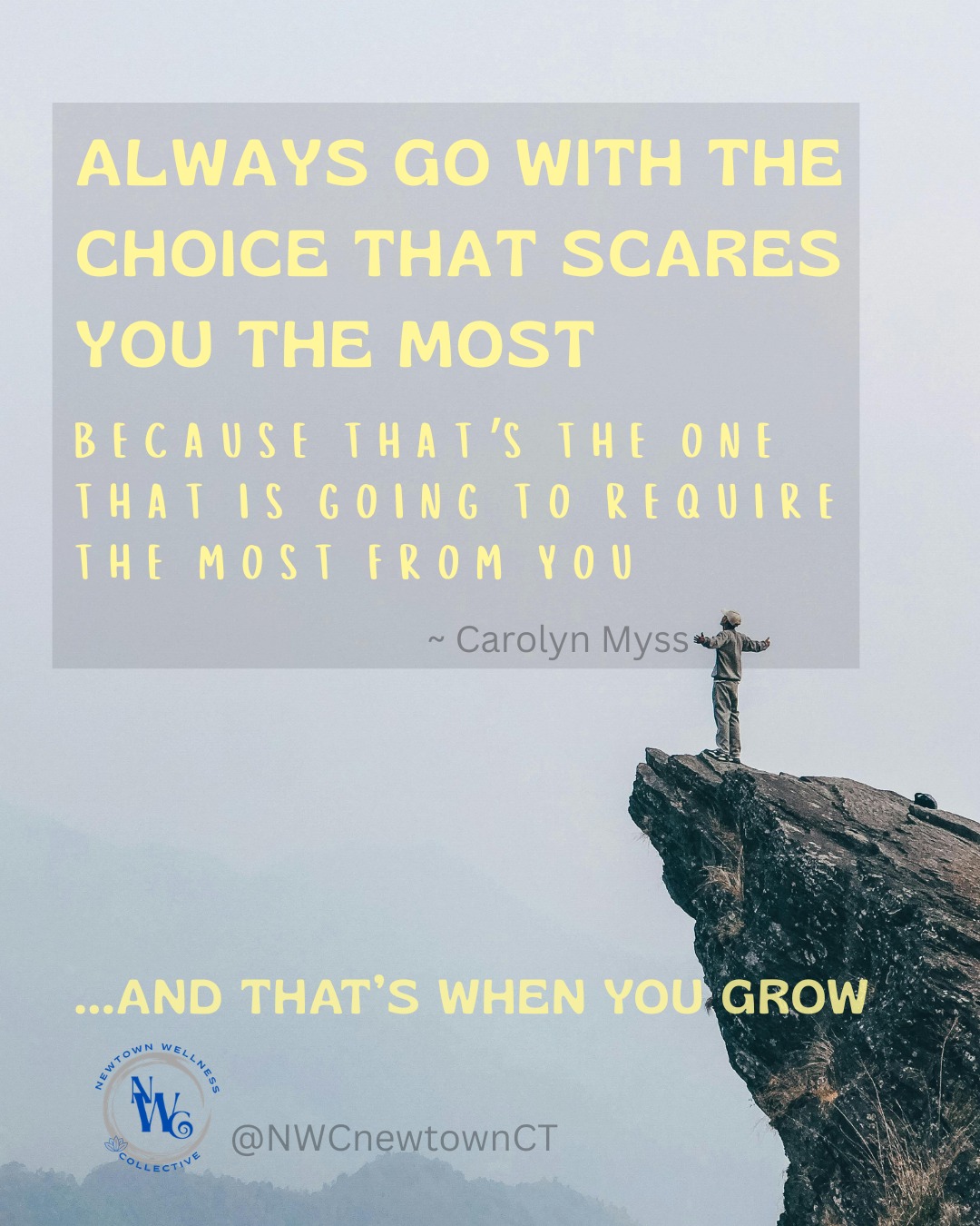 Sometimes you just have to (metaphorically) jump!
The second part of Carolyn Myss' quote is: 'Do you really want to look back on your life and see how wonderful it could have been had you not been afraid to live it?'
What can so often hold us back is a fear of the unknown and resistance to stepping outside our comfort zone to get what we want. If you do the same thing, though, you get the same results. When it's time to grow, time to expand, mindset makes all the difference. Doing the thing that scares you presses you to learn about yourself and open to new possibilities - from a song that I hear in my music rotation: 'what if I fall? But, what if you don't....what if you fly?' Hearing this always reminds me to seek the inspiration of what could be, to step into living.
What scares you the most right now? What decision or new direction or choice is nudging you? What is your mindset about it? Risks can carry the possibility of failure, but they can also open you to soar and rise. Taking the leap, the jump into the unknown, will always yield growth and learning, no matter the outcome. And with that mindset, you can never fail.
If you'd like to hear that song - here's a link, it's called 'Jump' by Me n u
https://www.youtube.com/watch?v=lVCcOasW0o0
With much loving kindness and space to be courageous ~ Jen Rizza, Founder of Newtown Wellness Collective, Reiki Master Teacher, Therapeutic Yoga Teacher