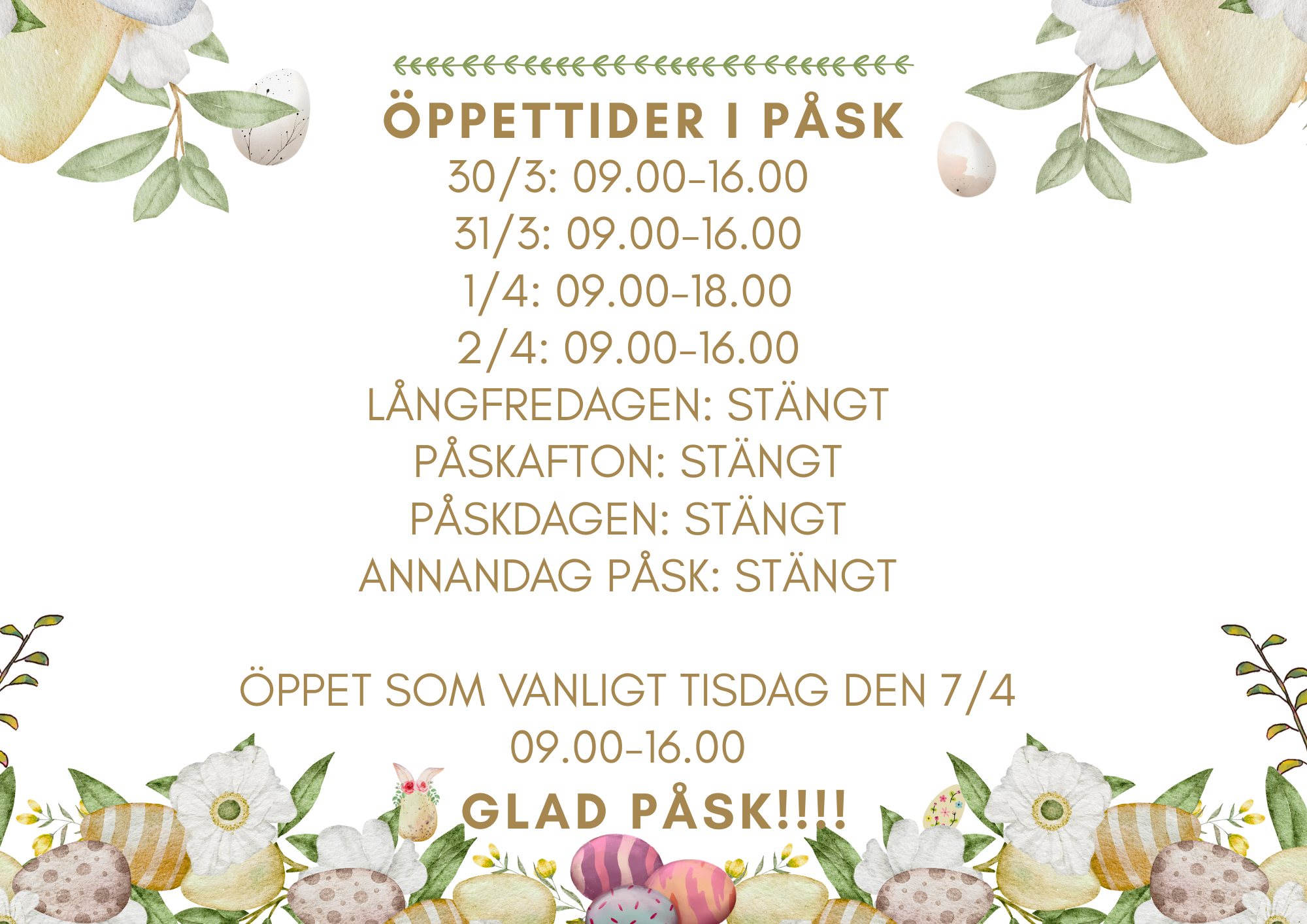 Snart är det påsk🐣💛
Här ser ni våra öppettider. Vi håller stängt alla röda dagar men är tillbaka som vanligt efter annandagen😁 Vi önskar er alla en trevlig påsk🩷