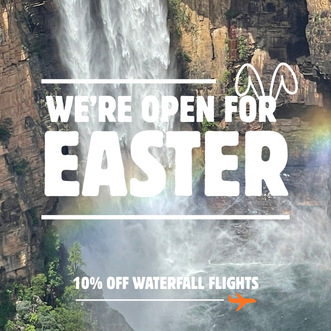 Can you believe Easter is next week? 🐣✨
We’re egg-cited to let you know Kakadu Air will be open and taking bookings for our incredible waterfall flights! With all the recent rain, the falls are looking better than ever.
It’s the perfect chance to bring family and friends along and experience Kakadu before we move into our dry season flights.
Locals can enjoy 10% off our scenic flights until 12 April. Use code LOCAL10 when booking or call us on 1800 089 113.