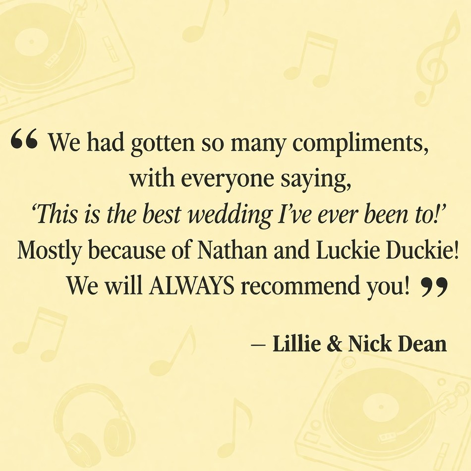 💛🎤FEATHERED FEEDBACK🎤💛
Hearing guests say “this is the best wedding I’ve ever been to”… that’s the goal every single time 🙌
Lillie & Nick brought the energy and I just helped keep it going all night long 🔥🕺
Ready to throw a wedding your guests will rave about?
See more reviews at LuckieDuckieEntertainment.com