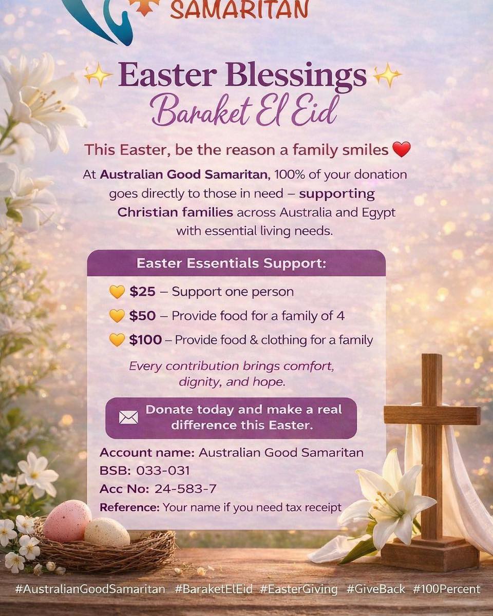 This Easter, be the reason a child smiles ❤️
Your support helps provide food, clothing, and hope to children and families in need.
Give this Easter and make a real difference:
https://www.agscharity.org.au/donations
Or donate via bank transfer:
Account Name: AGS
BSB: 033031
Account Number: 245837
Reference: Your name (for tax receipt)
#AustralianGoodSamaritan #BaraketElEid #EasterGiving #100percentdonation #giveback