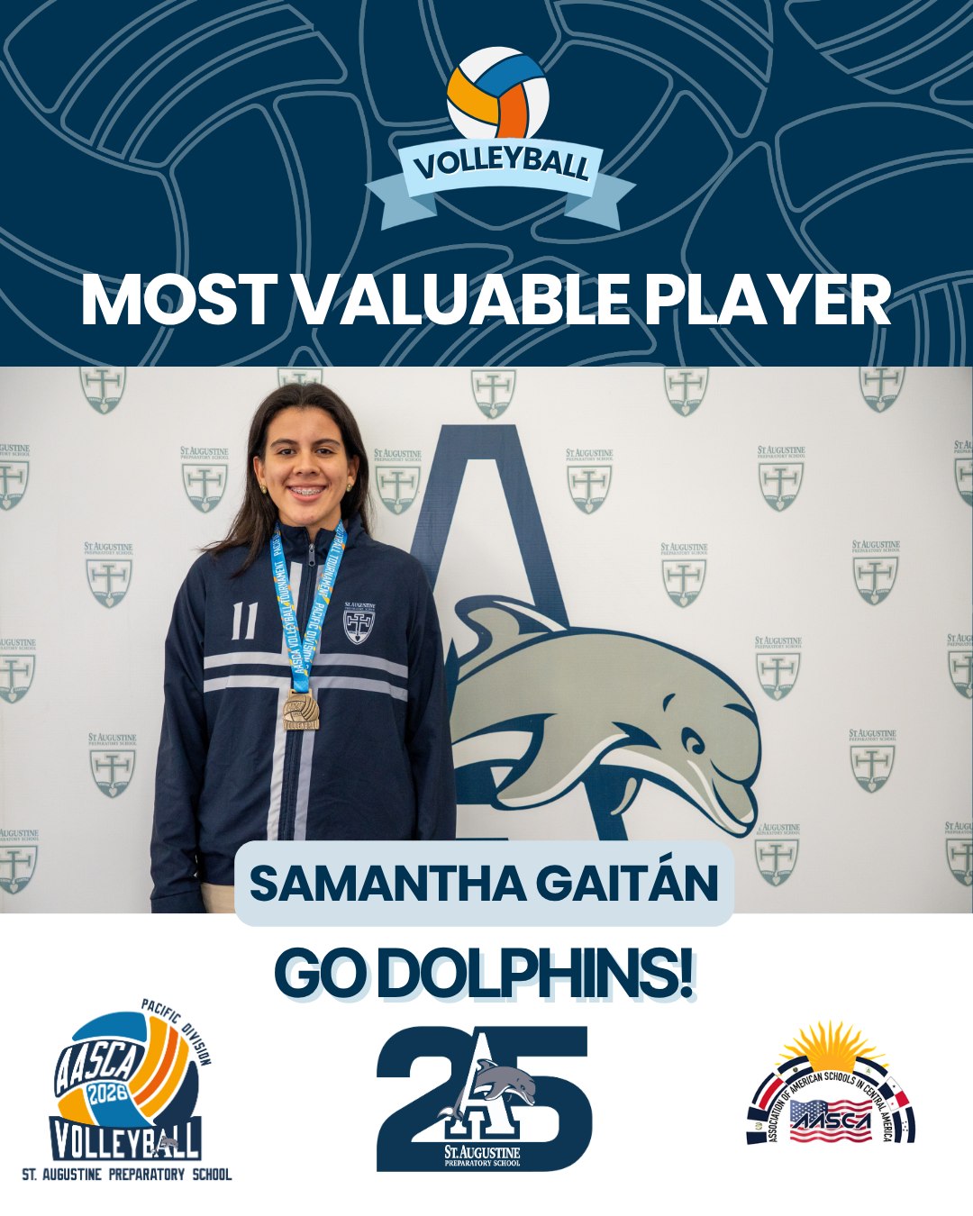 We're proud to announce this year's AASCA Volleyball award recipients from our Girls Varsity team! Congratulations to our MVP, Samantha Gaitán (team captain), our All Star Players, Sarah Gaitán and Yadely Ramos, and our Sportsmanship Award recipients Mia Richardson and Silvia Herrera! Your hard work and teamwork have earned you this well-deserved recognition. #GoDolphins!