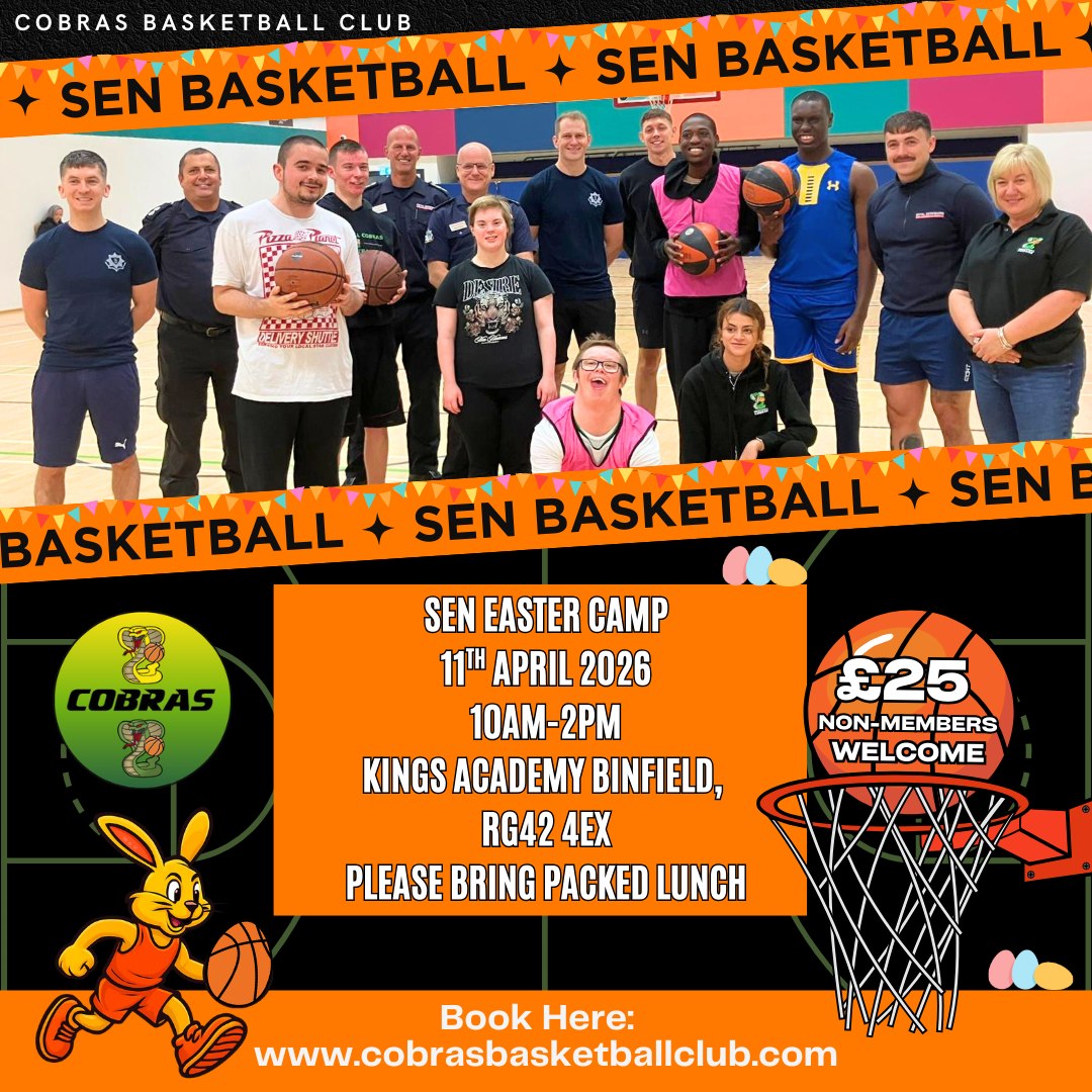 SEN Easter Holiday Camp 2026 🏀🐣
Celebrate the Easter holidays with some basketball fun! Join us for a day of inclusive basketball designed for players aged 11+.
Our Easter camp will focus on learning basketball skills in a friendly environment, helping participants build confidence 💪, stay active 🏃♂️, and enjoy the game alongside others 🤝.
📅 11th April 2026
⏰ 10am to 2pm – Kings Academy, Binfield RG42 4EX 📍
Players will take part in basketball activities, skill development, and fun Easter-themed games 🐰 throughout the session. All equipment is provided, and our experienced, DBS-checked coaches will ensure everyone feels supported and included.
Book Here: https://eequ.org/book/cobras-sen-easter-basketball-camp-2026-with-cobras-basketball-club-26743