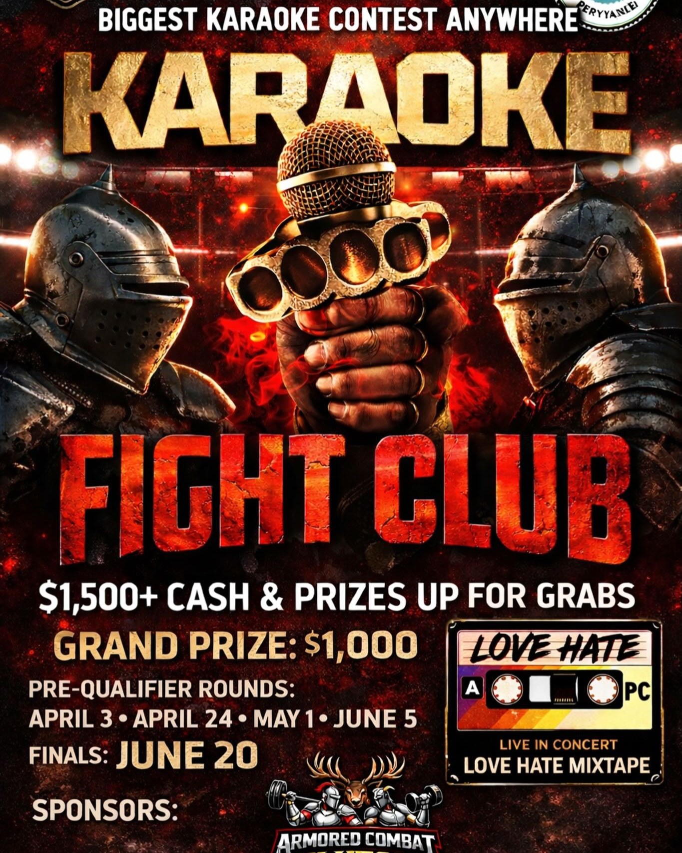 KARAOKE FIGHT CLUB -- Presented by 5th Company Brewing and @dtemd!
We're hosting a Karaoke competition to see who has the best voice! Over $1,500 in cash and prizes are up for grabs…including a $1,000 Grand Prize for the ultimate champion!!!
For more info on rules/sign-up process, see the event post here: https://www.facebook.com/events/1657798512074451/1670441754143460/
5th Company Brewing
325 Front Street
Perryville, MD 21903
Sponsored by Armored Combat Elkton