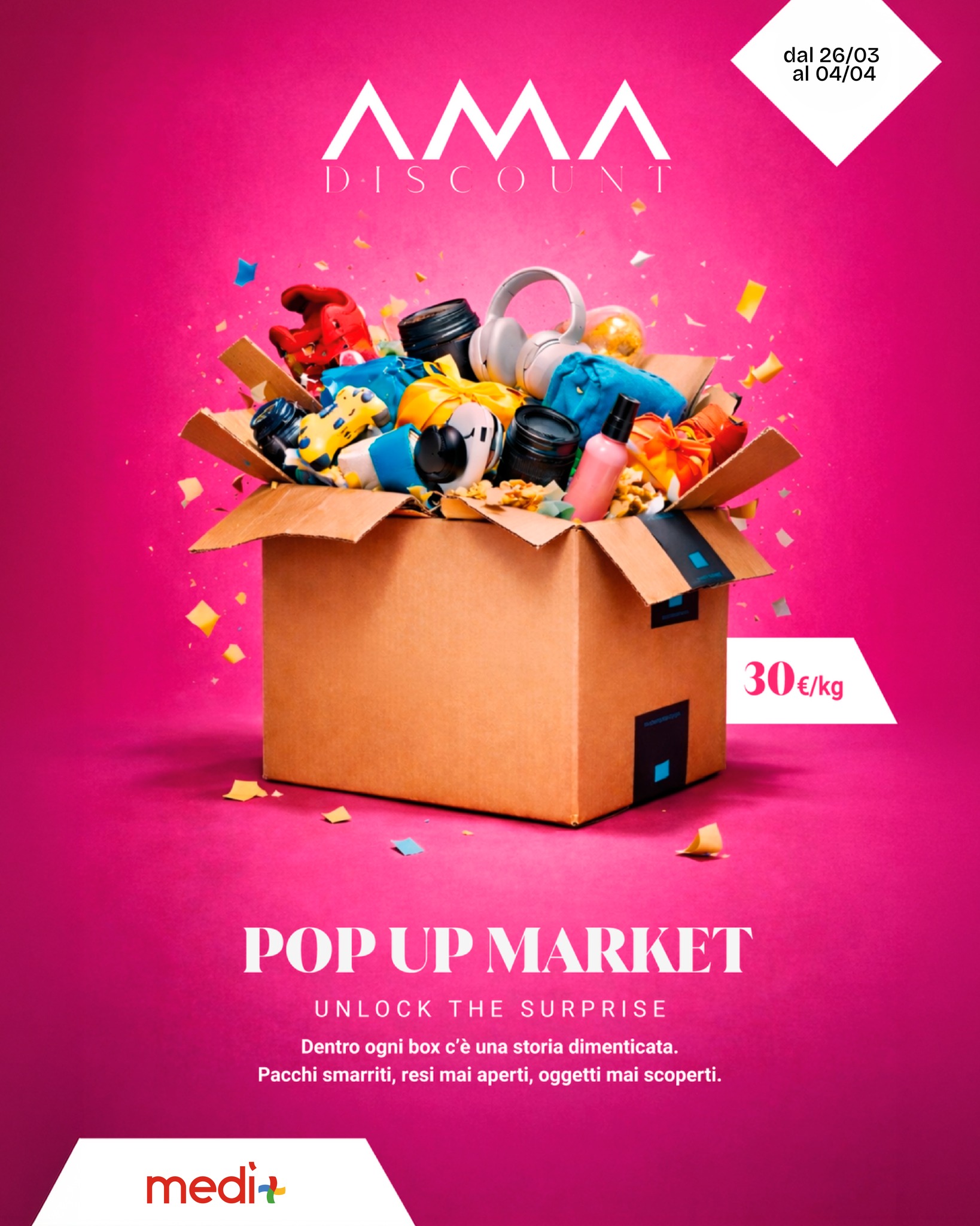 Dal 26 marzo al 4 aprile presso il Centro Commerciale Medì arriva un’occasione tutta da scoprire!
Con AMA Discount acquista il tuo Pacco Misterioso e lasciati sorprendere da una selezione di prodotti a un prezzo speciale.
❓ Cosa troverai all’interno?
Solo chi ha il coraggio di provarci lo scoprirà.
👉 Un mix di convenienza, curiosità e sorpresa ti aspetta presso il pop up store.
👉 Quantità limitate.
Vieni a trovarci e lasciati sorprendere. 🛒
#centrocommercialemedi #amadiscount