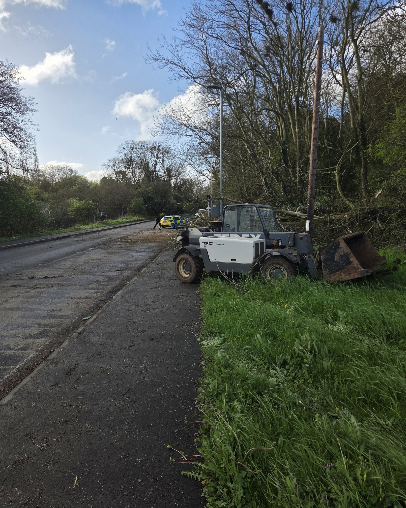 The tree has now been cleared on the roundabout before the farm ( between Cannington and Bridgwater) and traffic is now flowing. We managed to assist the police by pushing the worst of the tree with our telehandler to clear the road.