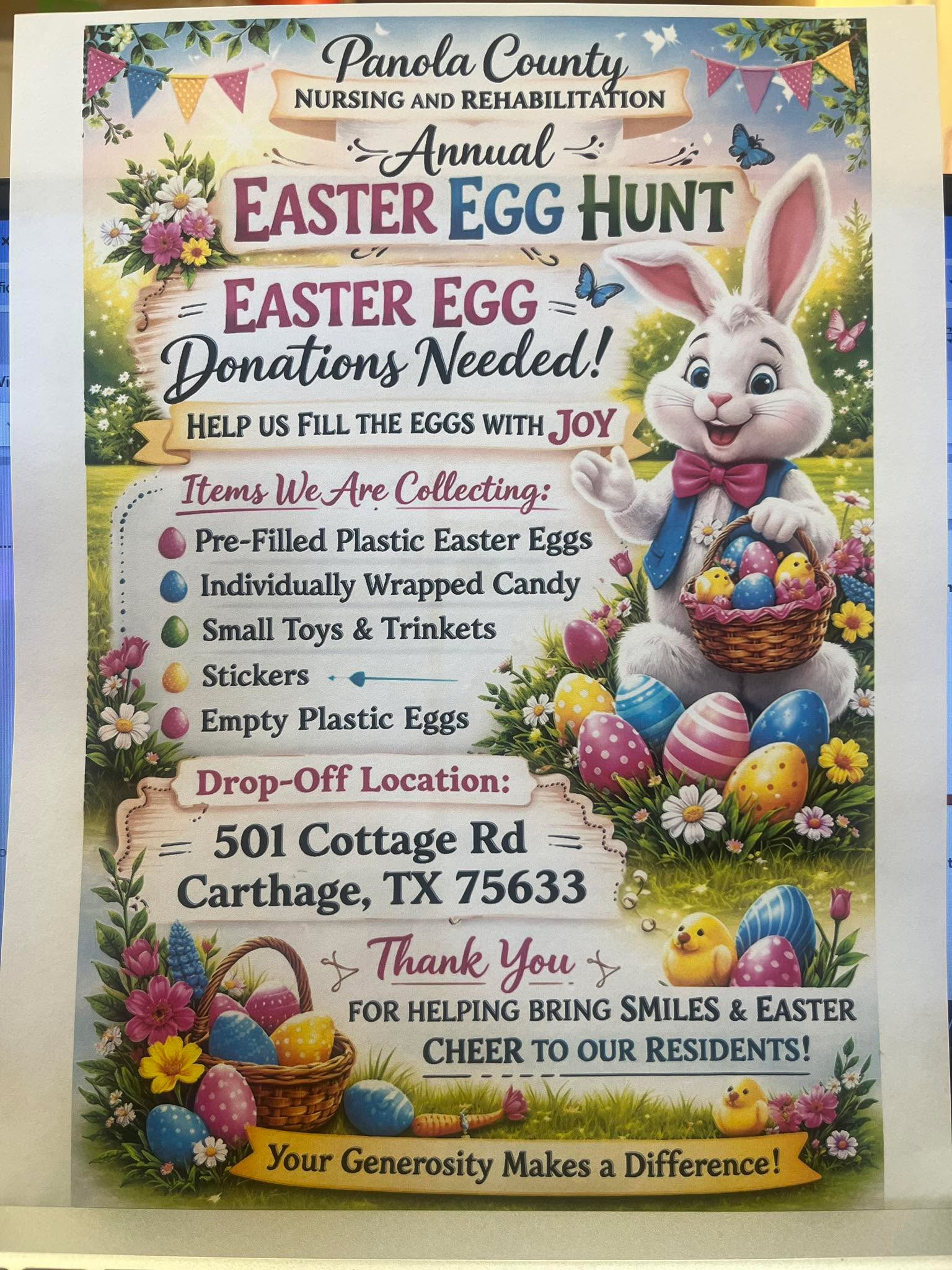 Y'all better not forget about the totally egg-cellent EGGSTRAVAGANZA EGGHUNT at Panola County Nursing & Rehab! And if you can't donate eggs or other items you can always donate your precious time! ❤️