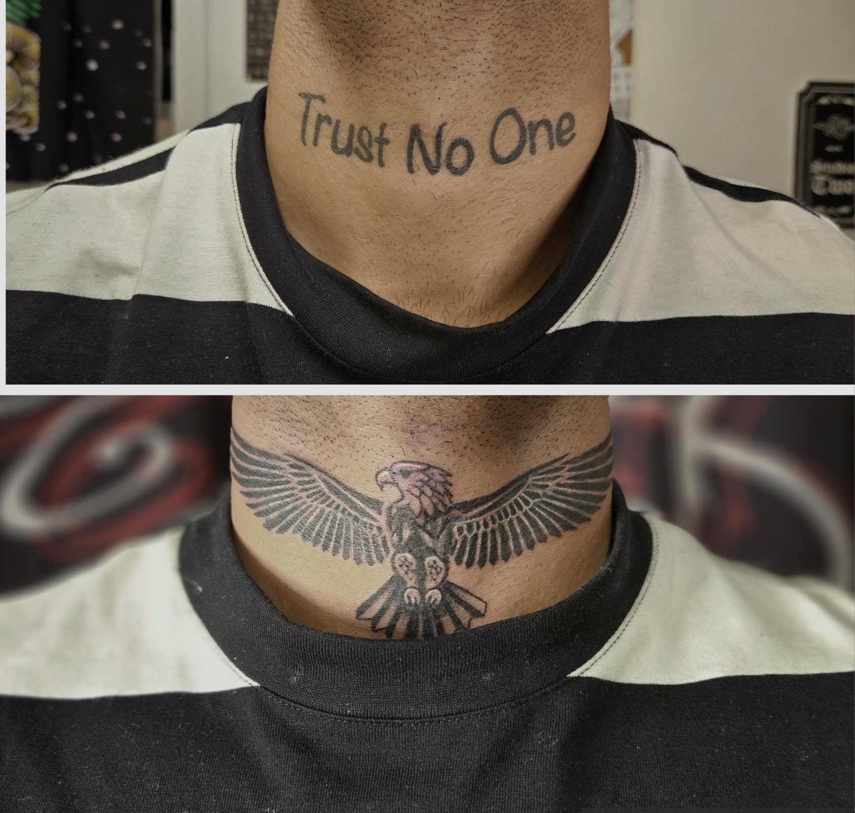 Throat cover up done by Pete @Pete_Explicit Ink #tattoo #throattattoo #coveruptattoo #coverup #explicitinktattoo #ink #graywashtattoo #melbournetattoo #tattooistnearme #stalbanstattoo