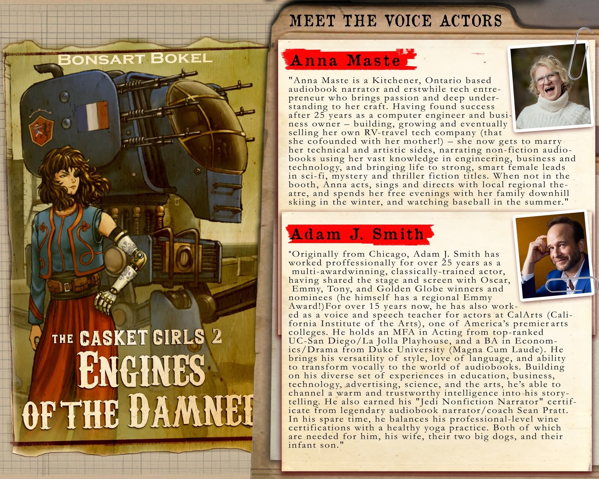 Hello everyone, proud to announce the voice actors for our upcoming Steampunk. audiobook, The Casket Girls 1 and 2. A preview demo on Kickstarter will follow soon. Please help us reach a hundred followers by visiting the link below!