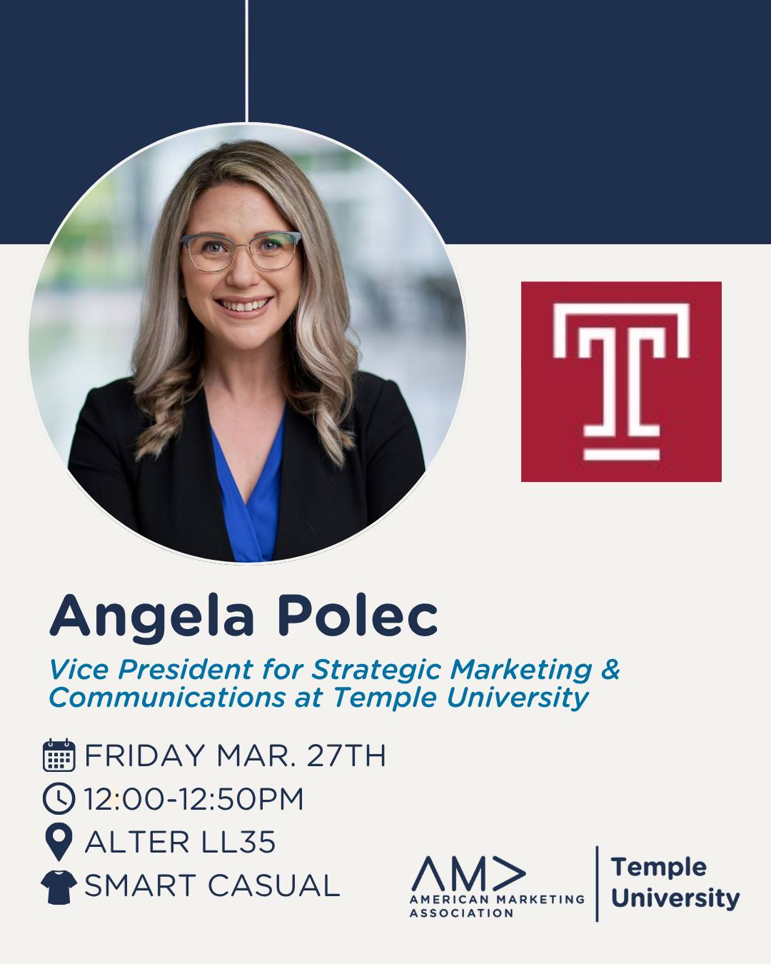 Join us as we welcome Angela Polec, Lael Troupe, Kristin Schrier, Claire Young, and Danielle Melzard this Friday, March 27th, in Alter LL35! 🎤
All of our panelists are professionals within Temple University’s Marketing Department. Join us to hear their presentations and gain valuable insights into the marketing industry 🍒
We look forward to seeing you there!