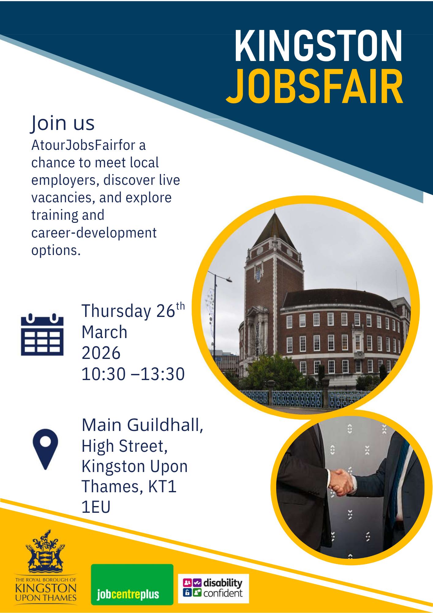 Looking for skills or employment support? This Thursday 26th March 📅 is your day! Check out the events below for more. (See today's stories for the links)
The Kingston Jobs Fair will be happening at 📍 the Kingston Guild Hall, KT1 1EU. From ⏰ 10:30 - 13:30 🔗 https://www.kingston.gov.uk/events/kingston-jobs-fair
Or also join us at the Volunteering Fair 2026 at the 📍 All Saints Church KT1 1JP. From ⏰ 17:30-20:00. Where you can ask us any questions you have about volunteering with us and if it's right for you! 🔗 https://www.kingston.gov.uk/events/2026-volunteer-fair
No requirements to attend either event. We welcome you to share and have a fantastic day!
#Skills #SkillsDevelopment #Volunteering #VolunteeringFair2026 #VolunteeringKingston #charityevent #charity #environmental #environment #kingstonuponthames #kingston #surbiton #tolworth #newmalden #chessington #Free #communitysupport