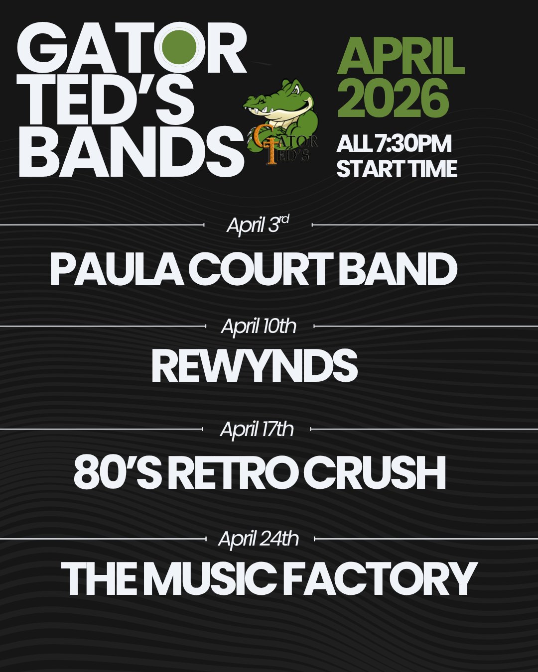 🎶 APRIL LIVE MUSIC LINEUP AT GATOR TED’S 🎶
Get ready for a full month of live bands, great vibes, and unforgettable nights! 🍻
📅 April 3 – Paula Court Band
📅 April 10 – Rewynds - TONIGHT!!!
📅 April 17 – 80’s Retro Crush
📅 April 24 – The Music Factory
⏰ All shows start at 7:30PM
Grab your crew, enjoy some drinks, and catch live music every week at Gator Ted’s! 🎸🔥
#GatorTeds #LiveMusic #AprilLineup #BurlingtonEvents #SupportLocalMusic #NightOut
