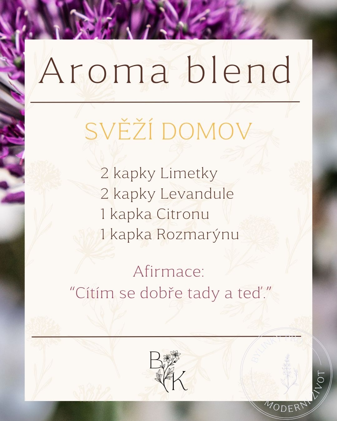 Na jaře mám nejraději svěží vůně, které domovu dodají pocit čistoty, jednoduchosti a vzdušnosti. 🌿✨
Máte taky vždycky po zimě chuť otevřít okna dokořán, pustit dovnitř nový vzduch a vytvořit si doma atmosféru, ve které se dobře dýchá.
Svěží domov je moje oblíbená jarní směs do difuzéru:
• 2 kapky limetky
• 2 kapky levandule
• 1 kapka citronu
• 1 kapka rozmarýnu
✨A Afirmace? Jednoduše: "Cítím se dobře tady a teď."
Jemná, čistá a svěží kombinace pro dny, kdy chceš doma cítit lehkost a nový začátek. 💚
#jarnidomov #bylinkatka #aromaterapie #difuzer #esencialnioleje #jaro #vune #domovsplnyklidu