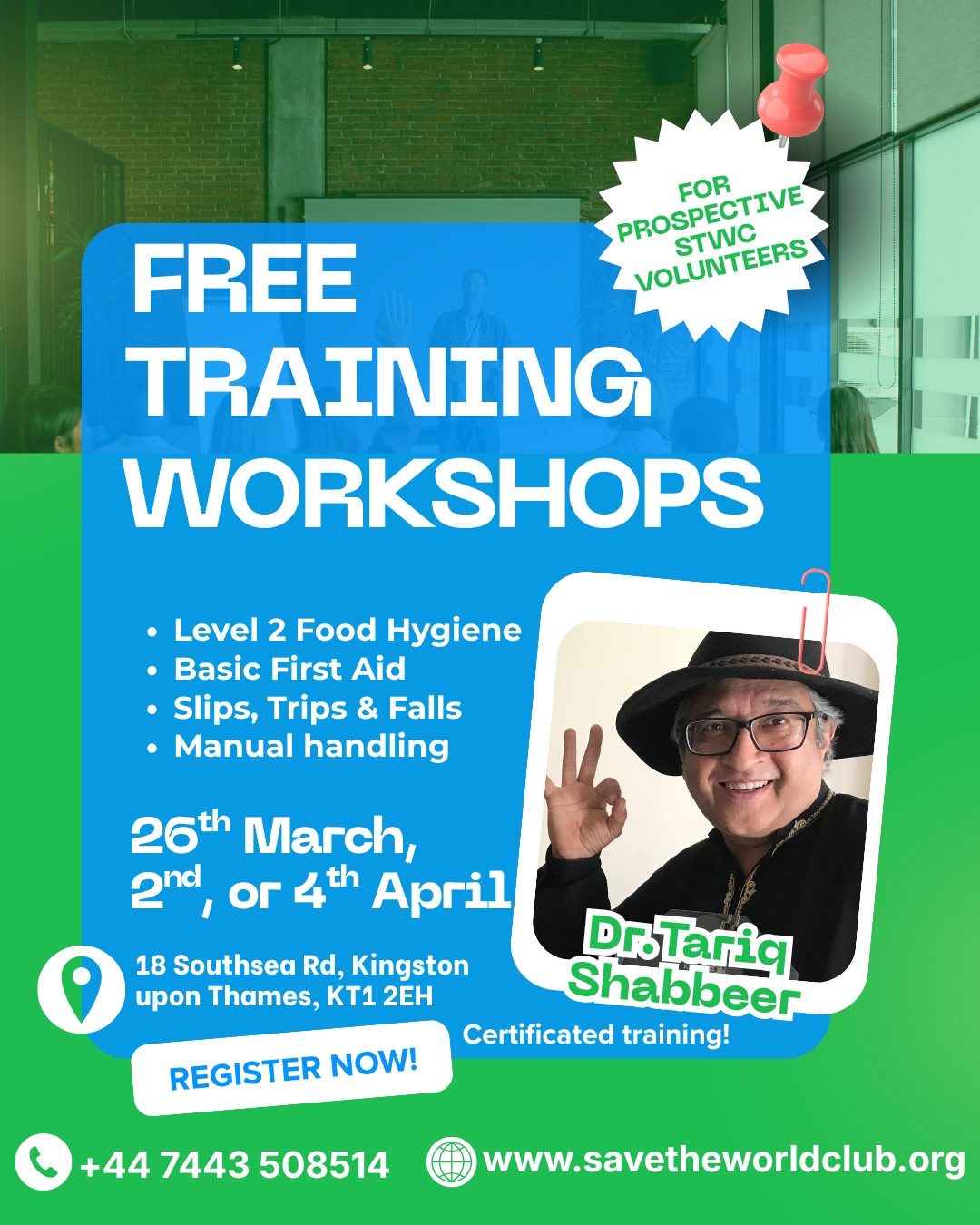 Evening Neighbours, are you interested in gaining certification for: Level 2 Food Hygiene, Basic First Aid, (Slips, Trips and Falls), or Manual handling?
We're organising 3 Free training workshops if you're able to volunteer with us in the Community Fridge, Square 1 cafe New Malden, or our new Community cafe. Once or twice a week for at least a few weeks. We will identify what training volunteers need, and offer appropriate options at each session:
4-7pm on Thursday 26th March or Thursday 2nd April. Or 3-6pm on Saturday 4th April on our website: https://www.savetheworldclub.org/events (See link in today's story)
Meet the team and me for face-to-face and small group training in and around the new Community Café Area at 📍18 Southsea Road, Kingston KT1 2EH.
Bring your laptop or phone and use our guest Wi-Fi.
Book up if you are free and want to join us!
We welcome you to share and have a fantastic evening from the STWC team.
#Training #Skills #Free #FoodHygine #CertificatedTraining #KingstonUponThames #environment #environmental #surbiton #kingston #newmalden #tolworth #chessington