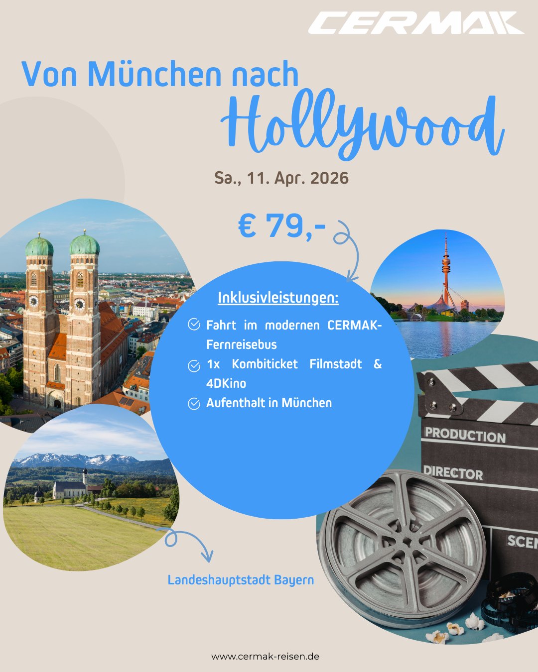 ✨ Von München nach Hollywood – dein perfekter Tagestrip! ✨🎬
Erlebe Filmfeeling hautnah und entdecke die bayerische Landeshauptstadt auf eine ganz besondere Art!
🗓️ Sa., 11. April 2026
💶 nur 79 €
🎥 Das erwartet dich:
✔️ Fahrt im modernen CERMAK-Fernreisebus
✔️ Kombiticket für Filmstadt & 4D-Kino
✔️ Zeit zur freien Verfügung in München
Ob Filmfan, Entdecker oder einfach Lust auf einen unvergesslichen Ausflug – hier kommt jeder auf seine Kosten! 🌟
📍 Jetzt Platz sichern und dabei sein!
👉 www.cermak-reisen.de
#CermakReisen #München #HollywoodFeeling #Tagesfahrt #Ausflug #Filmstadt #Reiselust