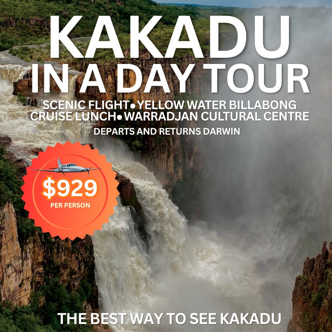 Closed roads putting a damper on your Kakadu plans? 🌧️
Don’t worry, we’ve got you covered. Our Kakadu in a Day Tour still gets you into the heart of the park, no stress. Fly over those roadblocks and take in the jaw-dropping waterfalls and lush, flooded landscapes from above.
The day includes a scenic flight, a Yellow Water Cruise at Cooinda, a visit to Warradjan Cultural Centre, and lunch, an easy and unforgettable way to experience Kakadu.