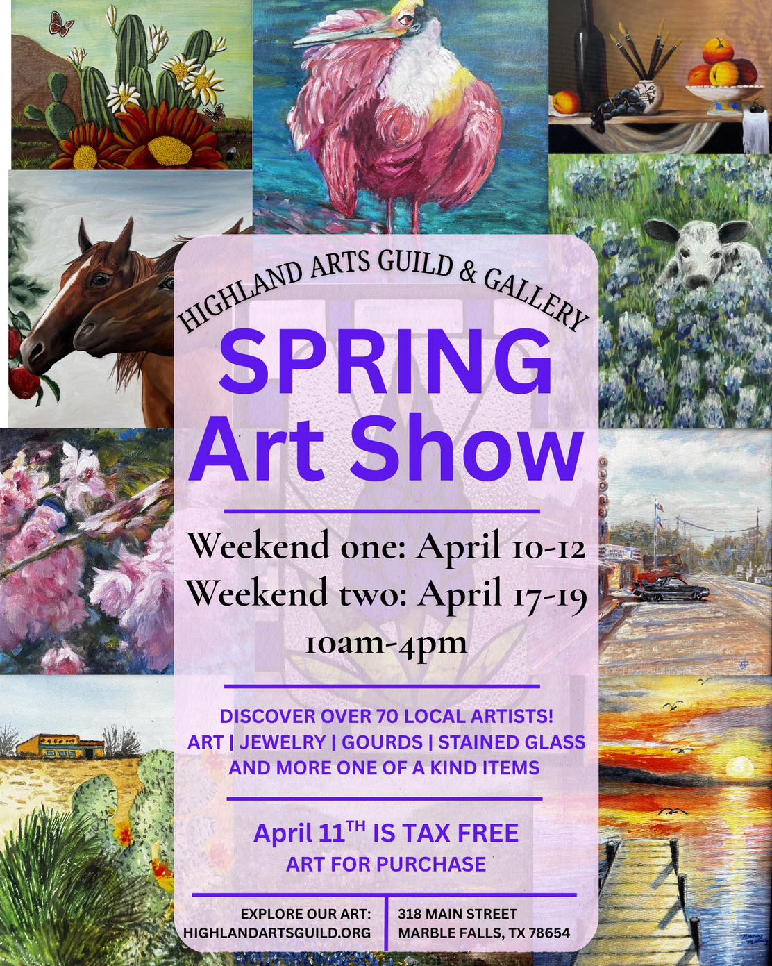 Come out and see us we have new artwork, gift items, fundraiser items for our building fund, new artists and just maybe some items on sale! Our Tax Free day is April 11th ONLY! And don’t forget the RAFFLE for a beautiful painting to be held the last day of the show, April 19. Get those raffle tickets before then! Don’t miss out! See you there!
.
.
#highlandartsguildandgallery #cityofmarblefalls #texas #marblefallstx #originalartworksforsale #originalartwork #fineart #texasartists #raffleartwork