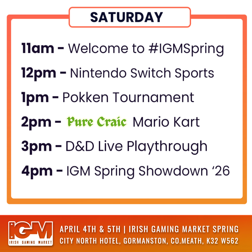 🚨 #IGMSpring Stage Schedule 🚨
We're so excited to host an array of live games, passion and talent over the course of the weekend!
From tournaments and challenges to a D&D live playthrough and of course our cosplay masquerade.🏆
Entry Times Reminder
⭐ 10am - Early Access & Weekend Passes
⭐ 11am - General Entry
🔇 'Quiet Time' Period is from doors opening at 10am-11am on Sunday.
Tickets Available via the link in our bio!🔗
------------------------------------------------------
#igmspring #irishgamingmarket #igm #igm2026 #cosplay #gaming