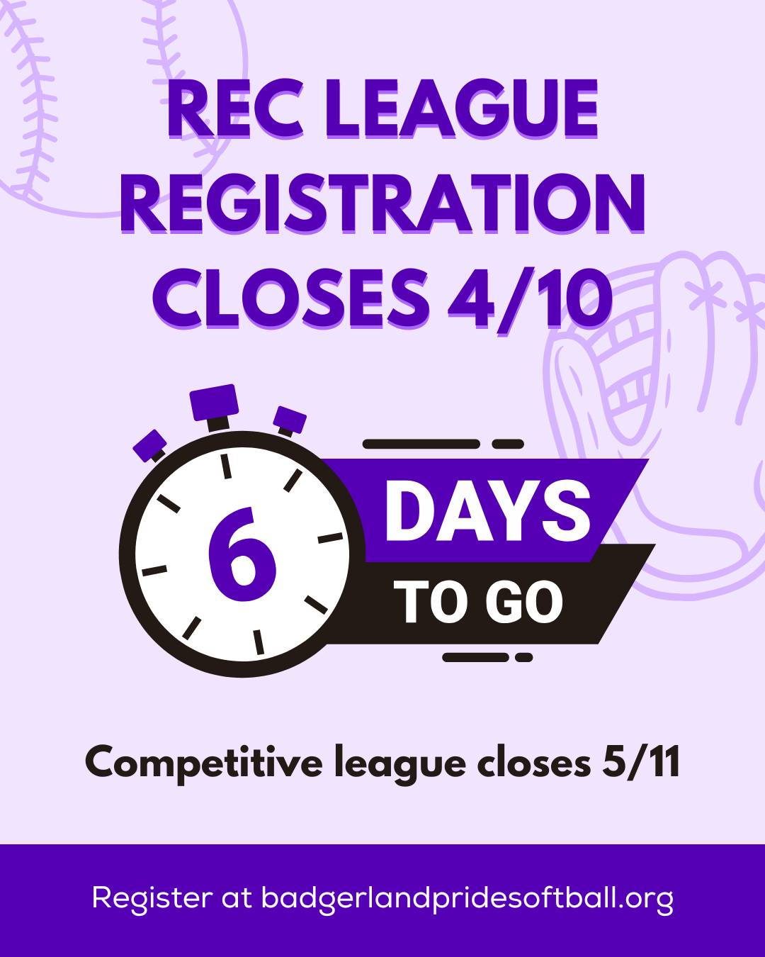 April 10th is the final day of registration for our recreational league! 🥎 This is the LAST day to guarantee you get a t-shirt! ‼️
Competitive league registration closes 5/11 🗓
Register at badgerlandpridesoftball.org 📝