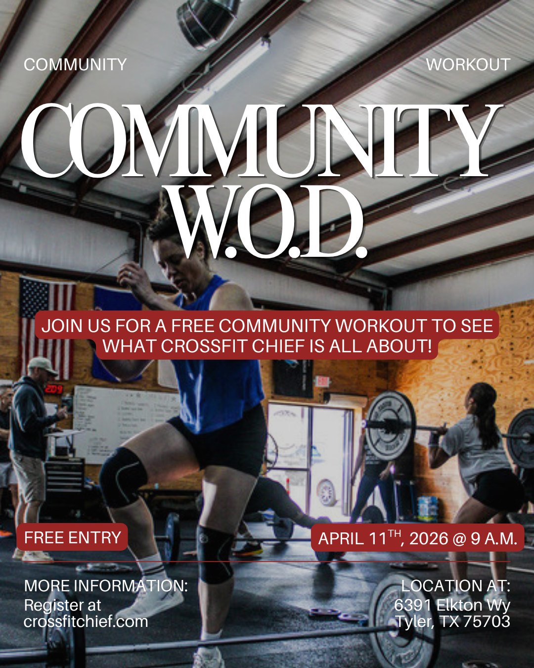 We've got a community workout this weekend at CrossFit Chief! Bring your friends, family, and anyone else- we want to see everyone at this free workout. Let's grow our CrossFit community together!