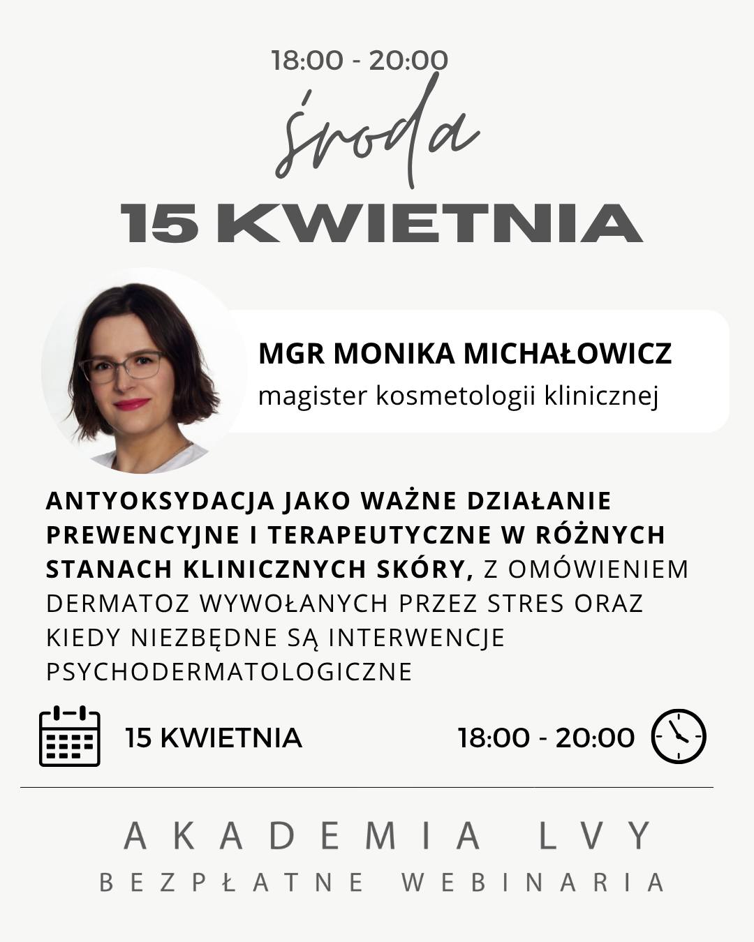 Antyoksydacja i stres – skóra pod presją
Czy wiesz, że stres oksydacyjny przyspiesza starzenie szybciej niż metryka?
15 kwietnia porozmawiamy o wolnych rodnikach, teorii kumulacji uszkodzeń i realnej roli antyoksydantów w terapii skóry.
Dowiesz się, jak stres wpływa na zaostrzenie dermatoz, kiedy potrzebna jest interwencja psychodermatologiczna i jak budować protokoły zabiegowe oparte na silnej antyoksydacji – także z wykorzystaniem terapii LVY.
Bo ochrona skóry zaczyna się na poziomie komórkowym.
@monika_michalowicz