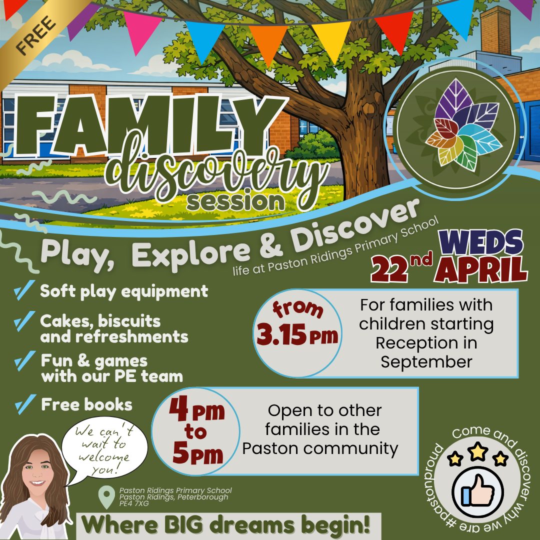 We’re excited to invite families to our Family Discovery Session on Wednesday 22nd April!
🕒 From 3.15pm
For families with children starting Reception in September, this is a wonderful opportunity to meet the Reception team, explore what a school day looks like, browse our selection of free pre-loved uniform, and receive a rucksack of goodies.
🕓 From 4.00pm onwards
We warmly welcome the wider community to visit our school, see our learning environment, discover what makes our school such a special place and have some fun!
We look forward to welcoming you :)
.
.
.
#familyactivites #thingstodoinpeterborough #pastoncommunity #pastonridingsprimaryschool #startinginreception #welcometoourschool #lifeatpaston #softplay #FreeCommunityEvent
