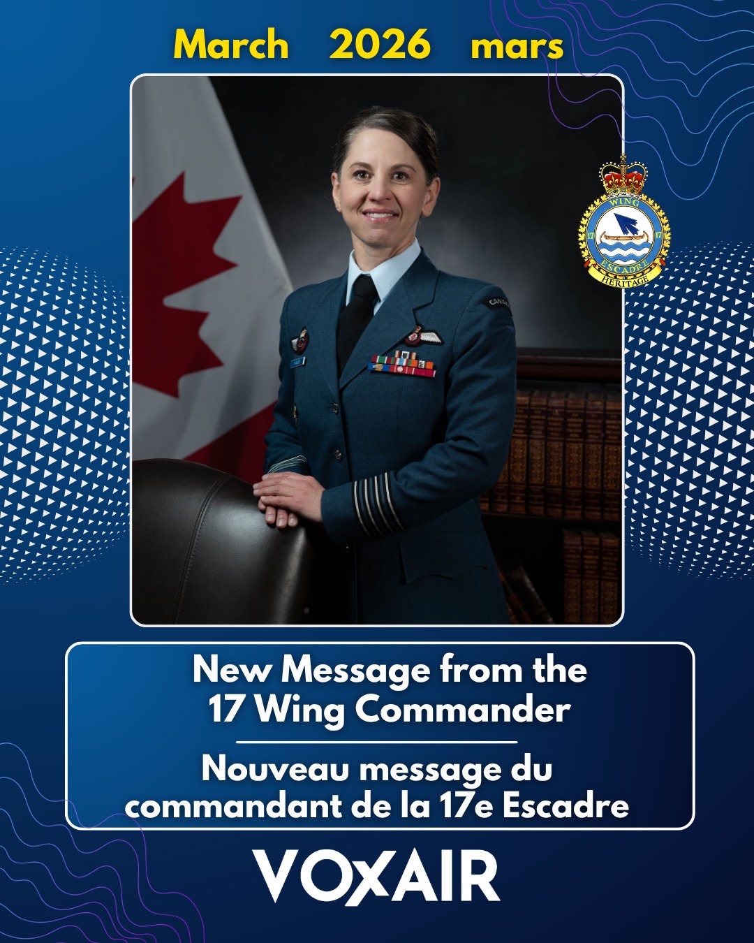 17 Wing members,
A new Wing Commander message is out. Check out Voxair: https://www.17wingvoxair.com/about-us
_____________
Chers membres de la 17e escadre,
Un nouveau message du commandant d'escadre a été publié. Consultez Voxair : https://www.17wingvoxair.com/fr/about-us