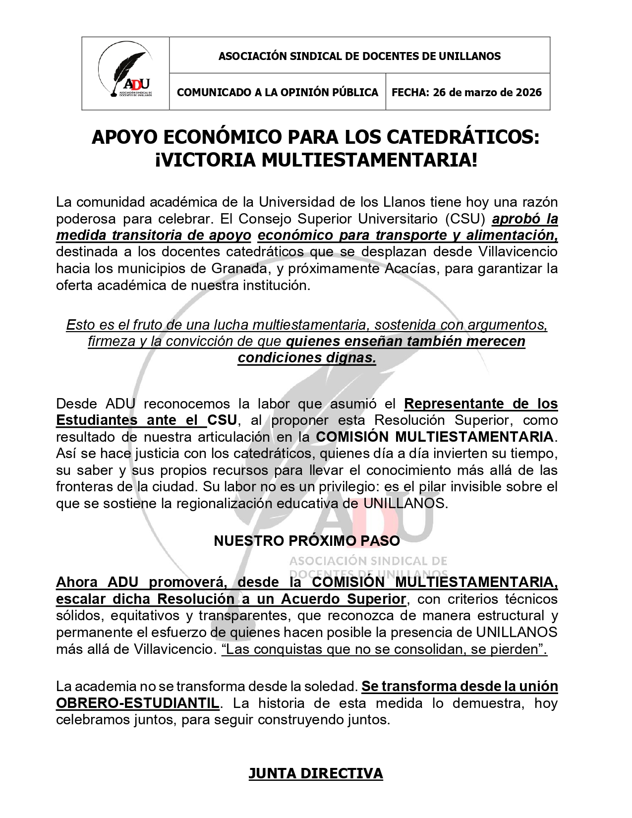 ¡Gran noticia para nuestros docentes! 🎉📚
Una victoria multiestamentaria 🙌: se aprobó el apoyo económico para transporte y alimentación de los docentes catedráticos 🚍🍽️.
Este logro es fruto de la unidad, la lucha y el trabajo conjunto👨🏫✊✨ #ADU #Unillanos #EducaciónDigna