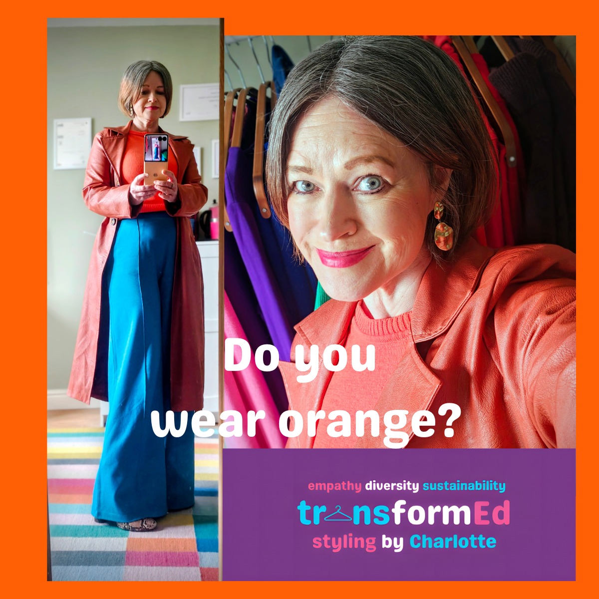 Do you wear orange? This orange coat, for starters, is my favourite and I was parted from it for several months last year after leaving it at a talk in another county!
Orange is many things, including the colour of confidence. A blend of red and yellow, orange has the energy and power of red, combined with the joy and creativity of yellow. Orange is a beneficial colour to wear (or to decorate with) when you're feeling sad or need to be motivated to take action with a new project.
It's more suited to warmer skin tones, but it can still be incorporated into your look without needing to wear it closest to your face if you don't think it suits you.
Orange is also one of three colours I've written about for transformEd style magazine this coming week. Sign up here: https://dashboard.mailerlite.com/forms/923757/130098368111182900/share
#colouranalysishull #mybestcolours #personalstylisthull #stylemagazine #styletips