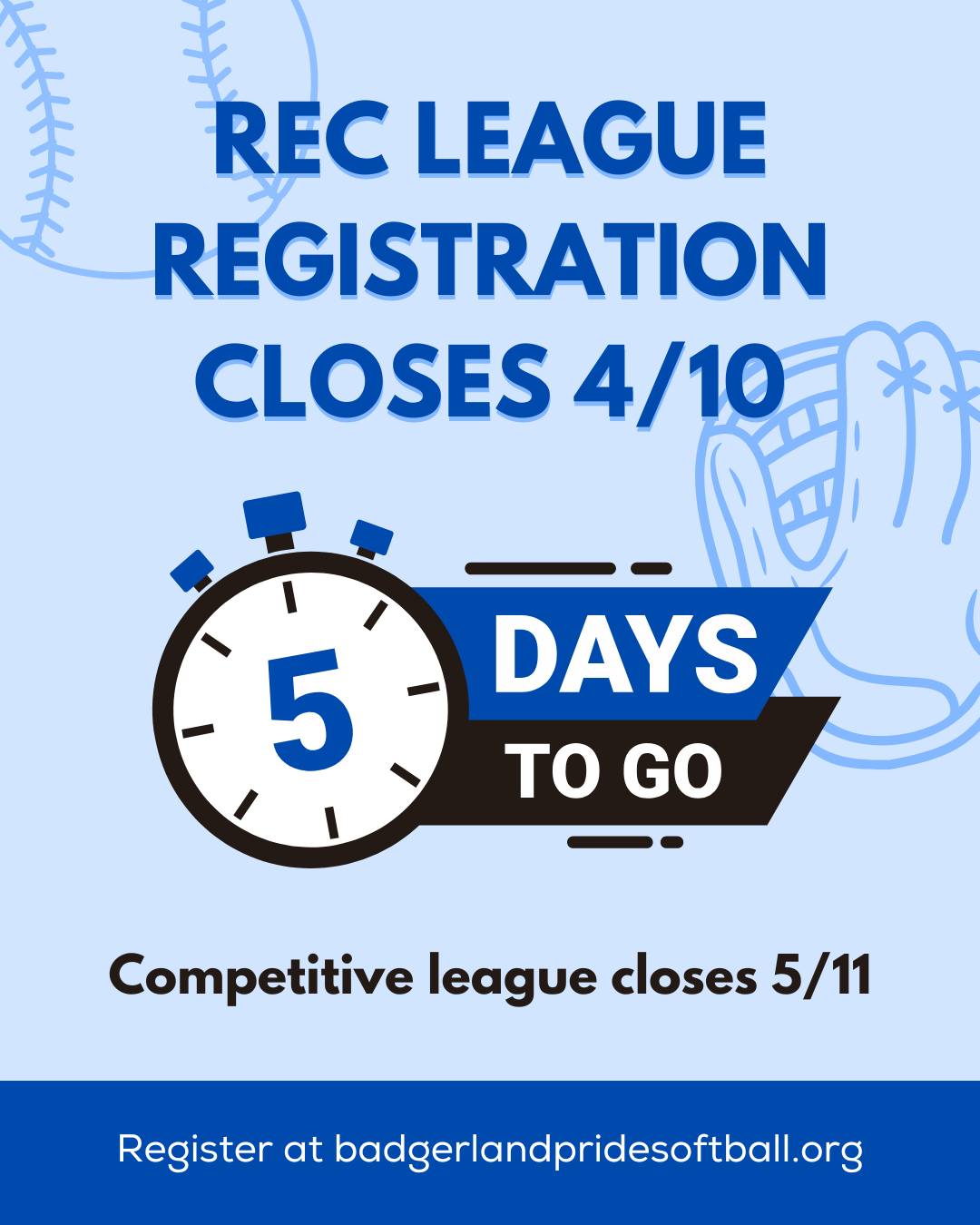 April 10th is the final day of registration for our recreational league! 🥎 This is the LAST day to guarantee you get a t-shirt! ‼️
Competitive league registration closes 5/11 🗓
Register at badgerlandpridesoftball.org 📝